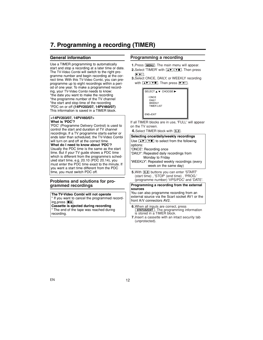 Philips 14PV415/07, 14PV203/07 Programming a recording Timer, Problems and solutions for pro- grammed recordings 