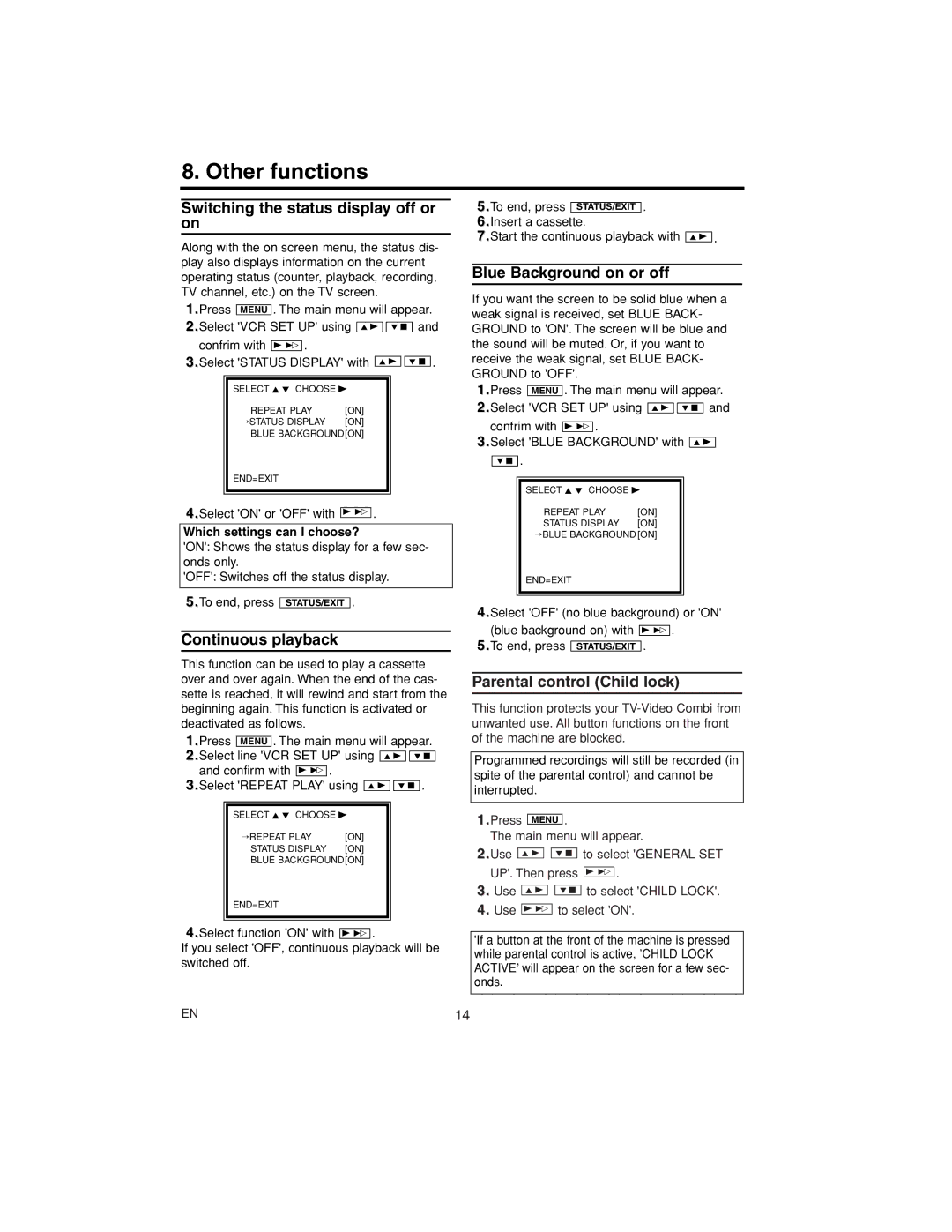 Philips 14PV112/07 Other functions, Switching the status display off or on, Continuous playback, Blue Background on or off 