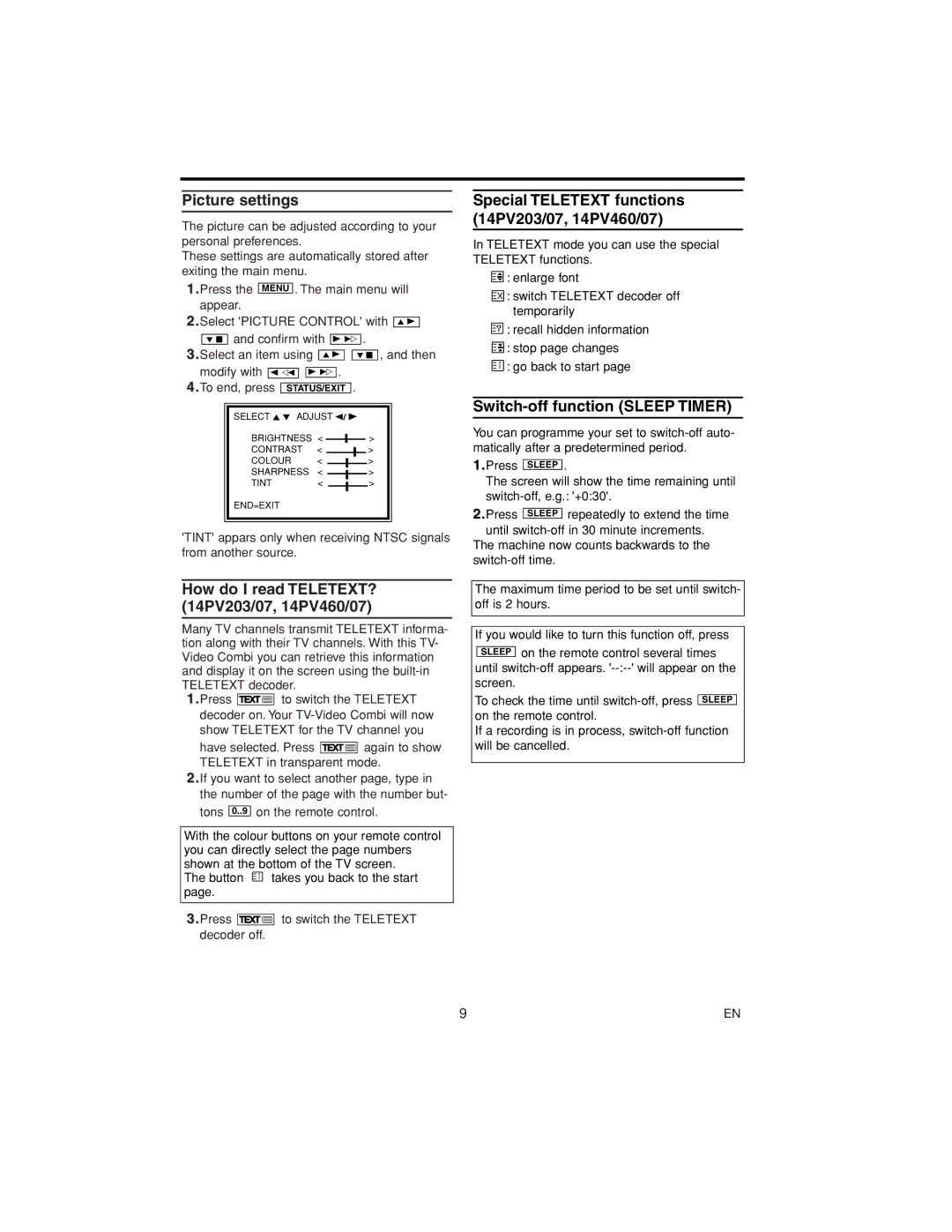 Philips 14PV112/07 Picture settings, How do I read TELETEXT? 14PV203/07, 14PV460/07, Switch-off function Sleep Timer 