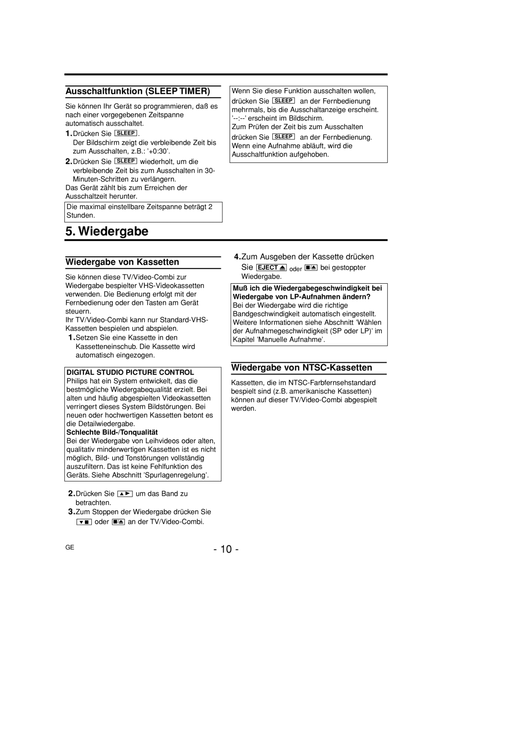 Philips 14PV460/39, 14PV203/39 Ausschaltfunktion Sleep Timer, Wiedergabe von Kassetten, Wiedergabe von NTSC-Kassetten 