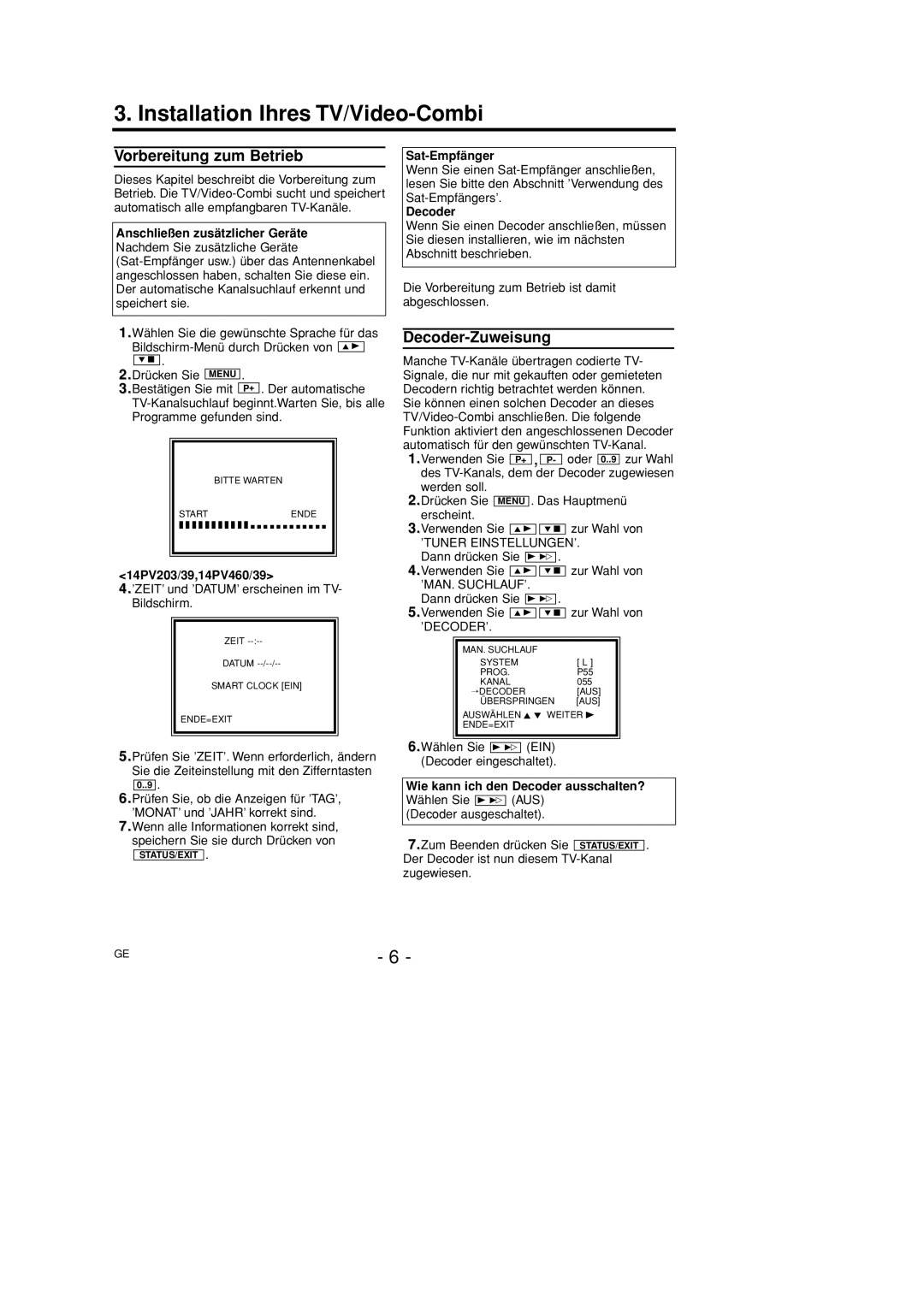 Philips 14PV460/39, 14PV203/39, 14PV415/39, 14PV112/39 manual Installation Ihres TV/Video-Combi, Decoder-Zuweisung 