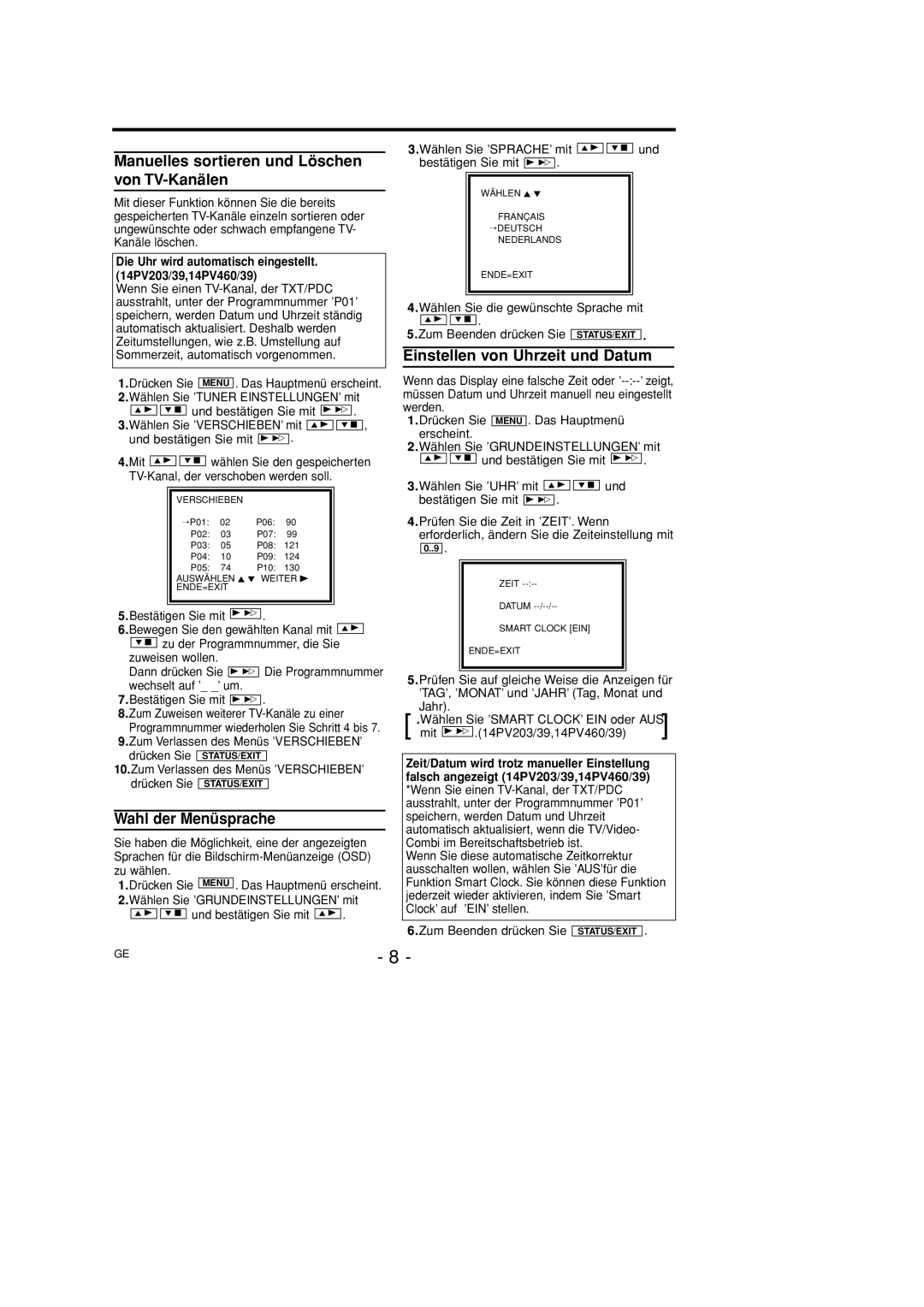 Philips 14PV203/39 Manuelles sortieren und Löschen von TV-Kanälen, Wahl der Menüsprache, Einstellen von Uhrzeit und Datum 