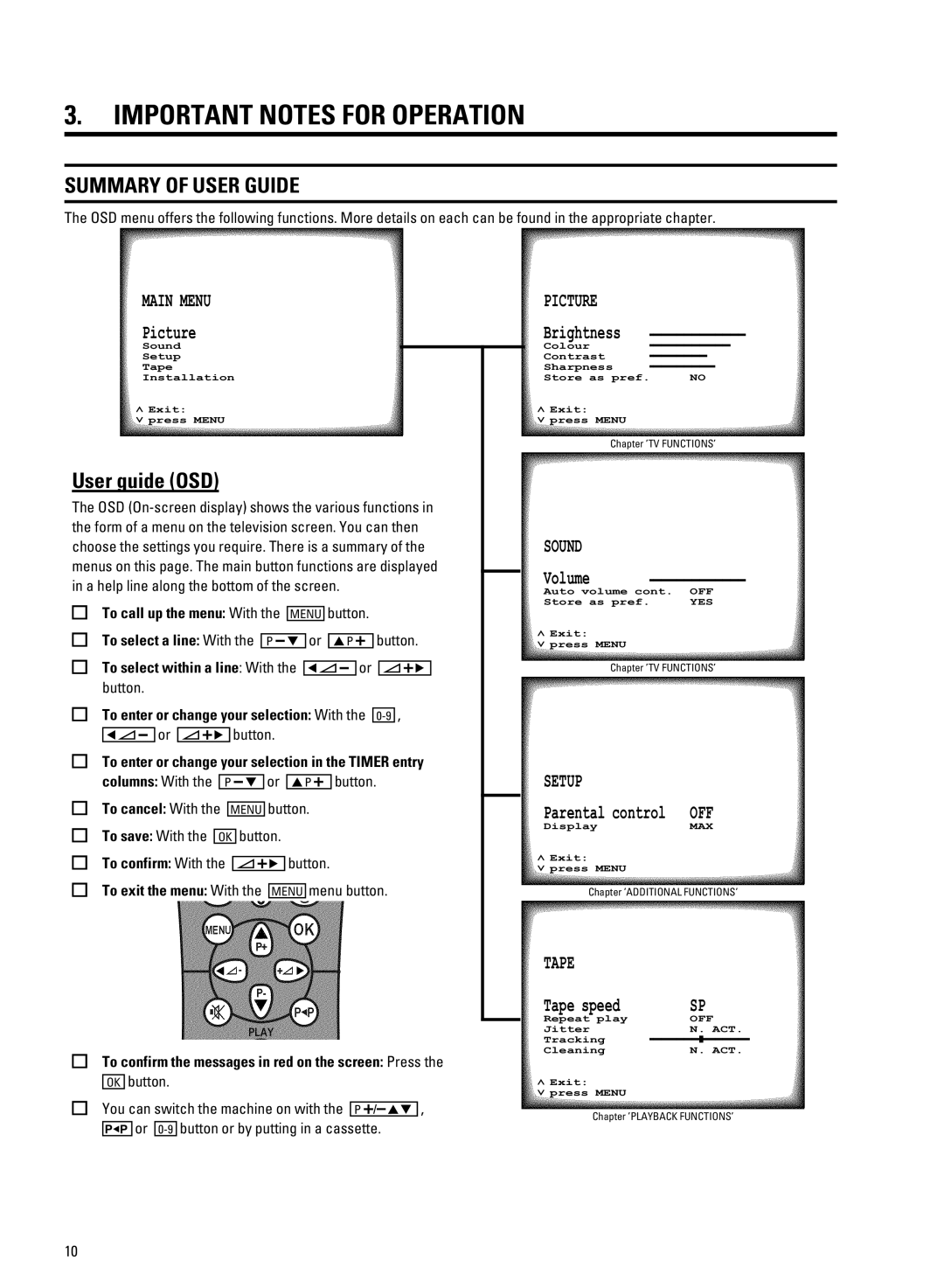 Philips 14PV207 manual Important Notes for Operation, User guide OSD, To call up the menu With the Menu button 