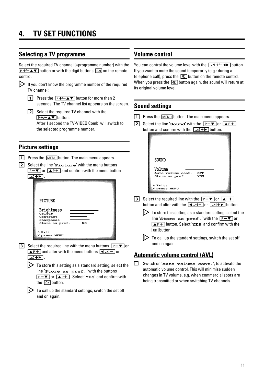 Philips 14PV207 manual TV SET Functions, Selecting a TV programme Volume control, Picture settings, Sound settings 