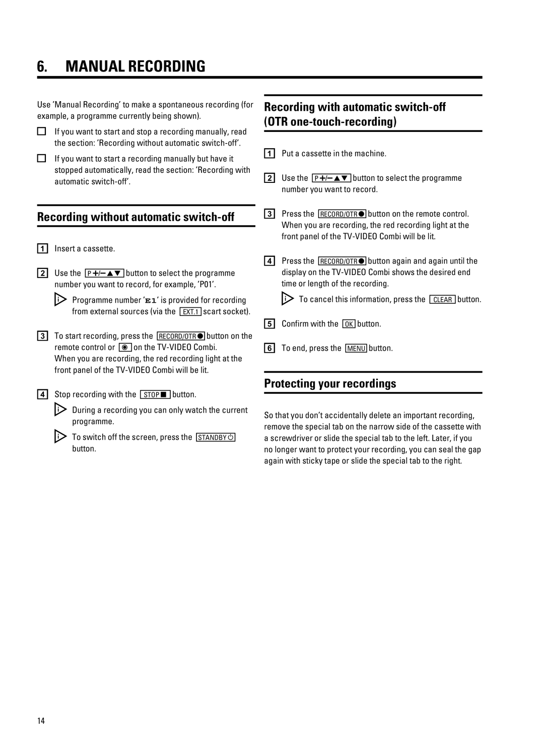 Philips 14PV207 manual Manual Recording, Protecting your recordings 