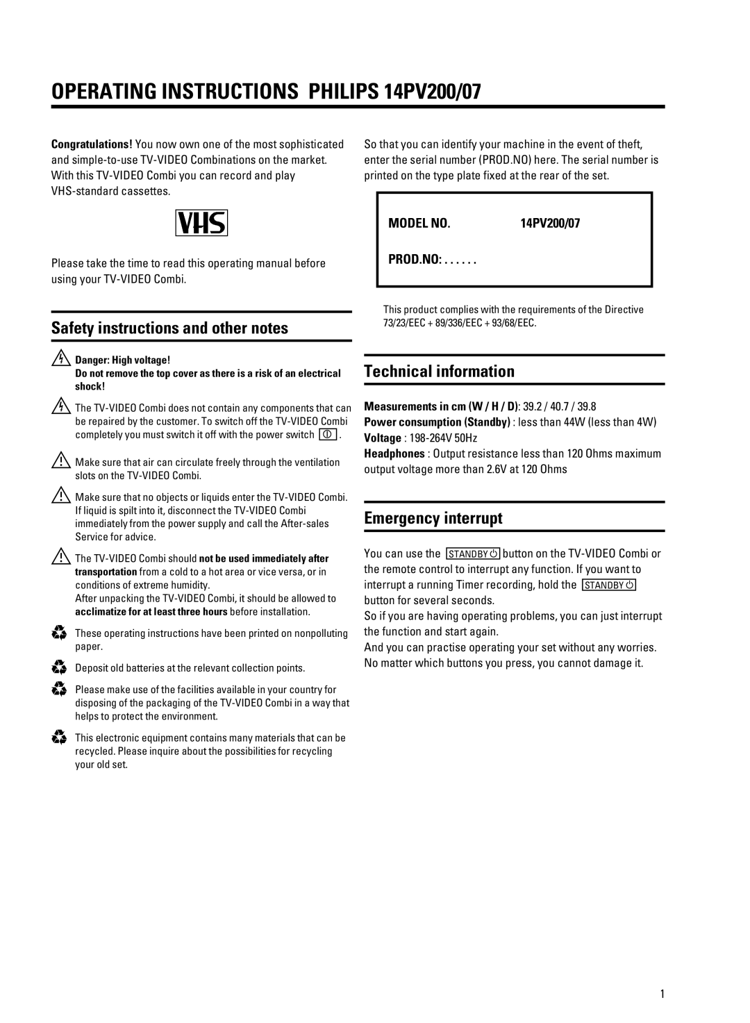 Philips 14PV207 Operating Instructions Philips 14PV200/07, Safety instructions and other notes, Technical information 