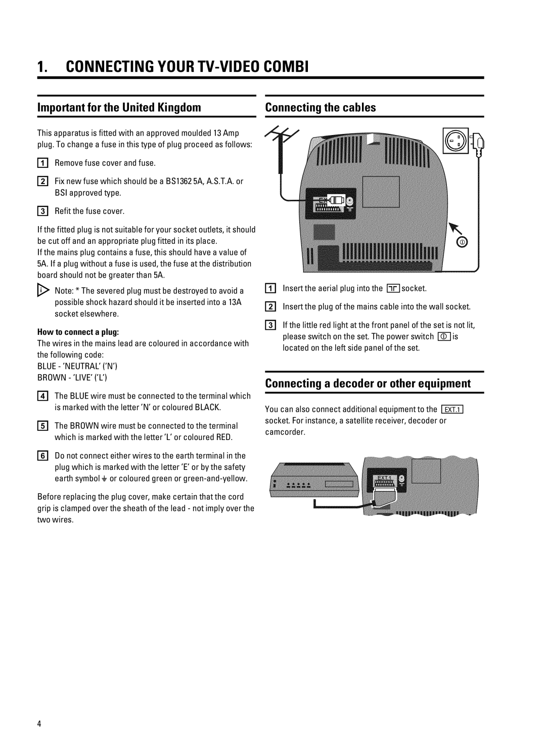 Philips 14PV207 manual Connecting Your TV-VIDEO Combi, Important for the United Kingdom Connecting the cables 