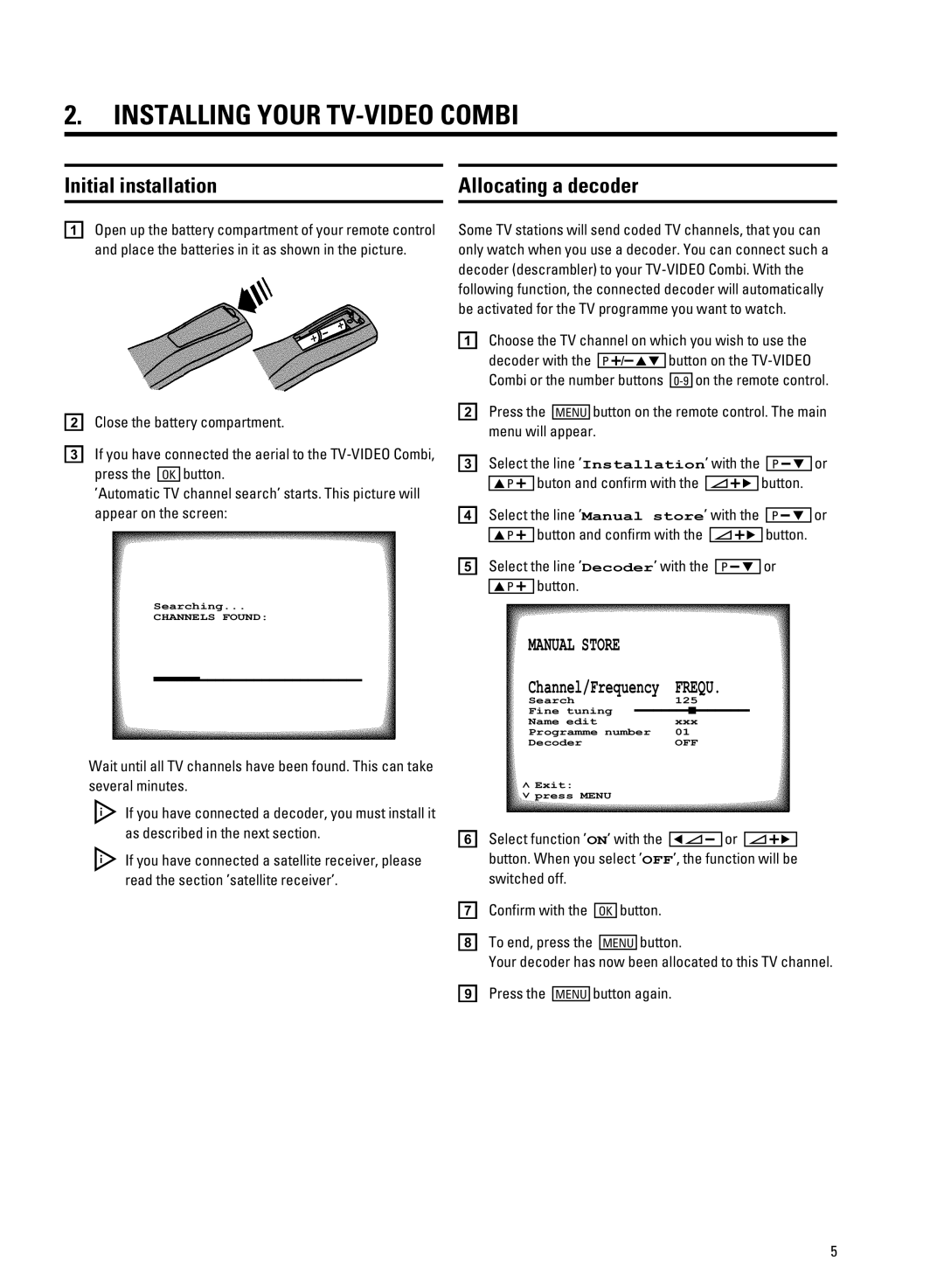 Philips 14PV207 manual Installing Your TV-VIDEO Combi, Initial installation Allocating a decoder 