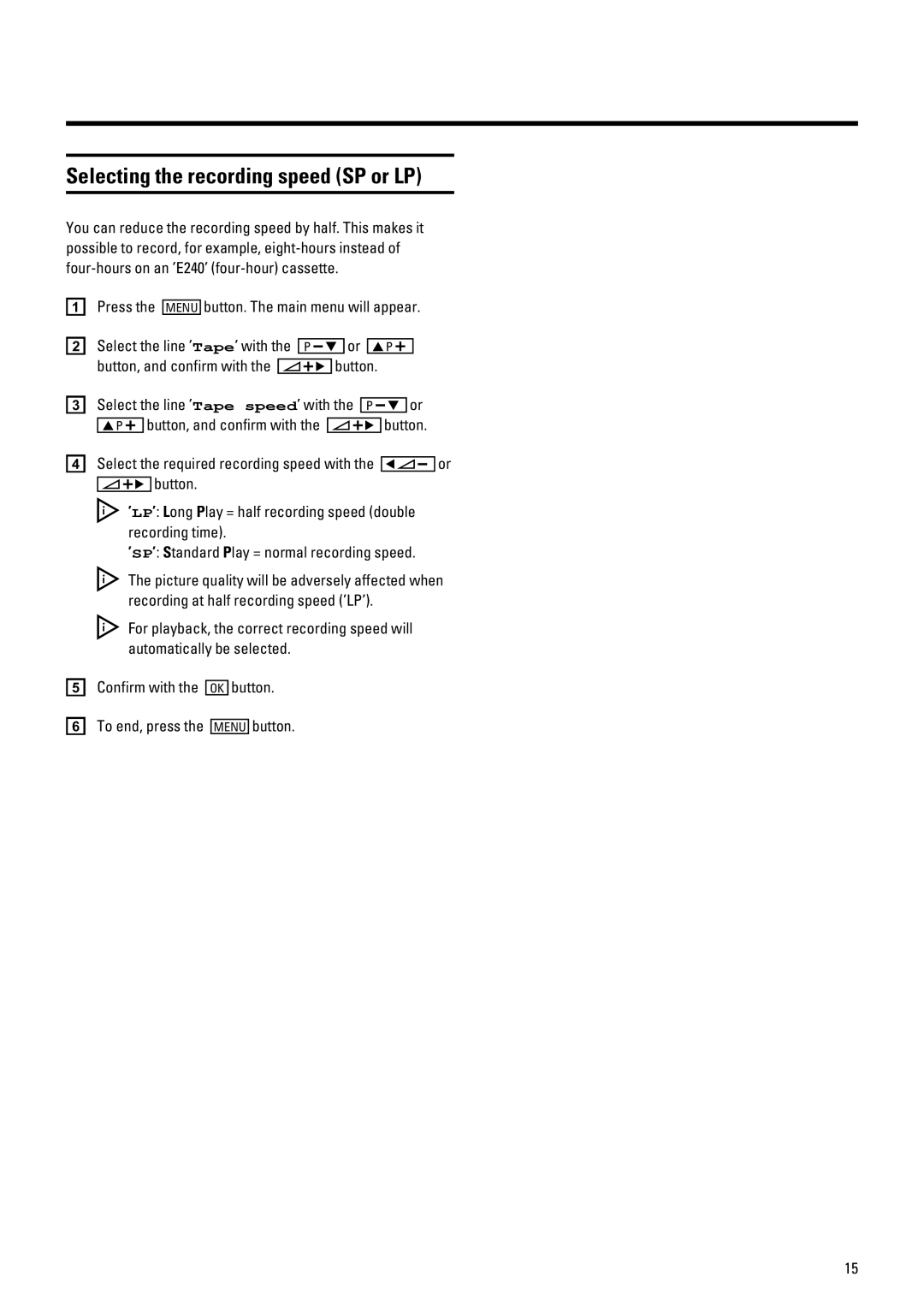 Philips 14PV210 manual Selecting the recording speed SP or LP 