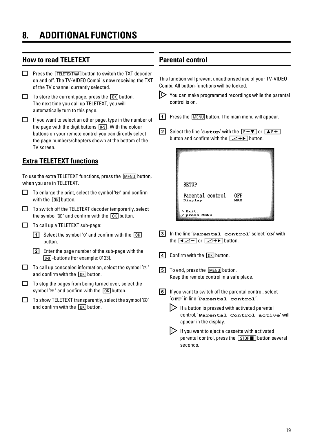 Philips 14PV210 manual Additional Functions, How to read Teletext Parental control, Extra Teletext functions 