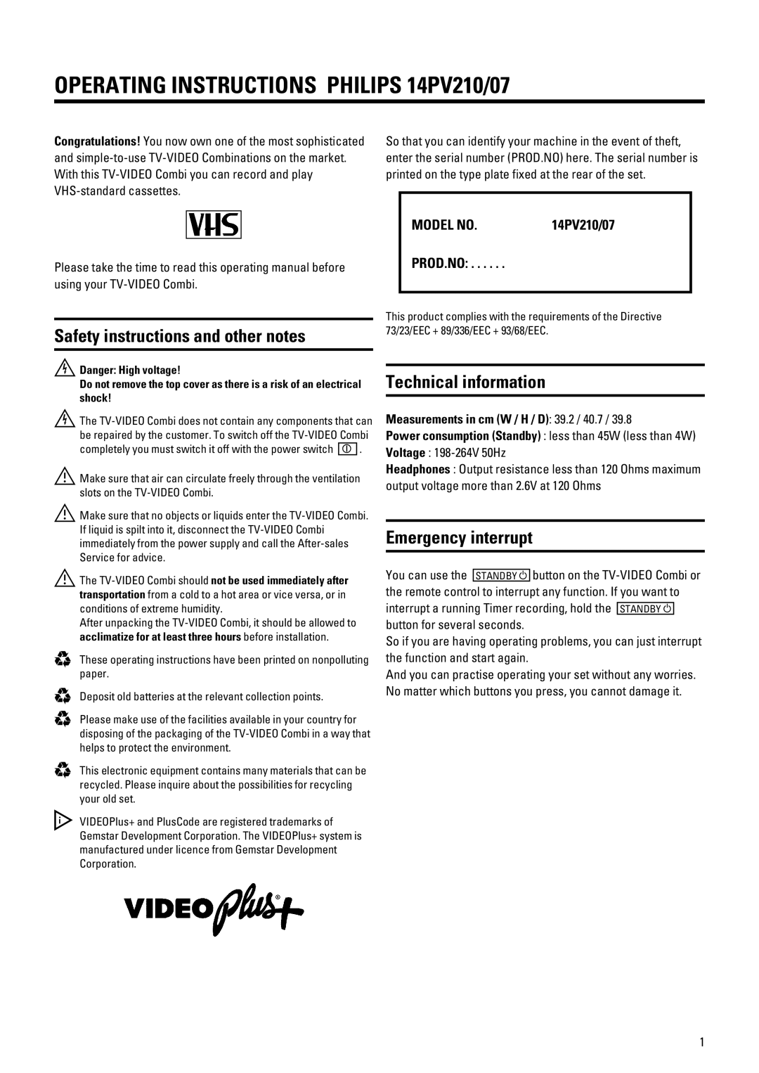 Philips manual Operating Instructions Philips 14PV210/07, Safety instructions and other notes, Technical information 