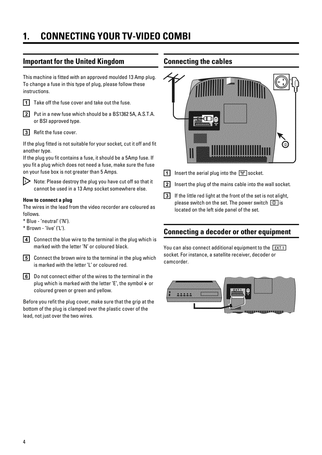 Philips 14PV210 manual Connecting Your TV-VIDEO Combi, Important for the United Kingdom Connecting the cables 