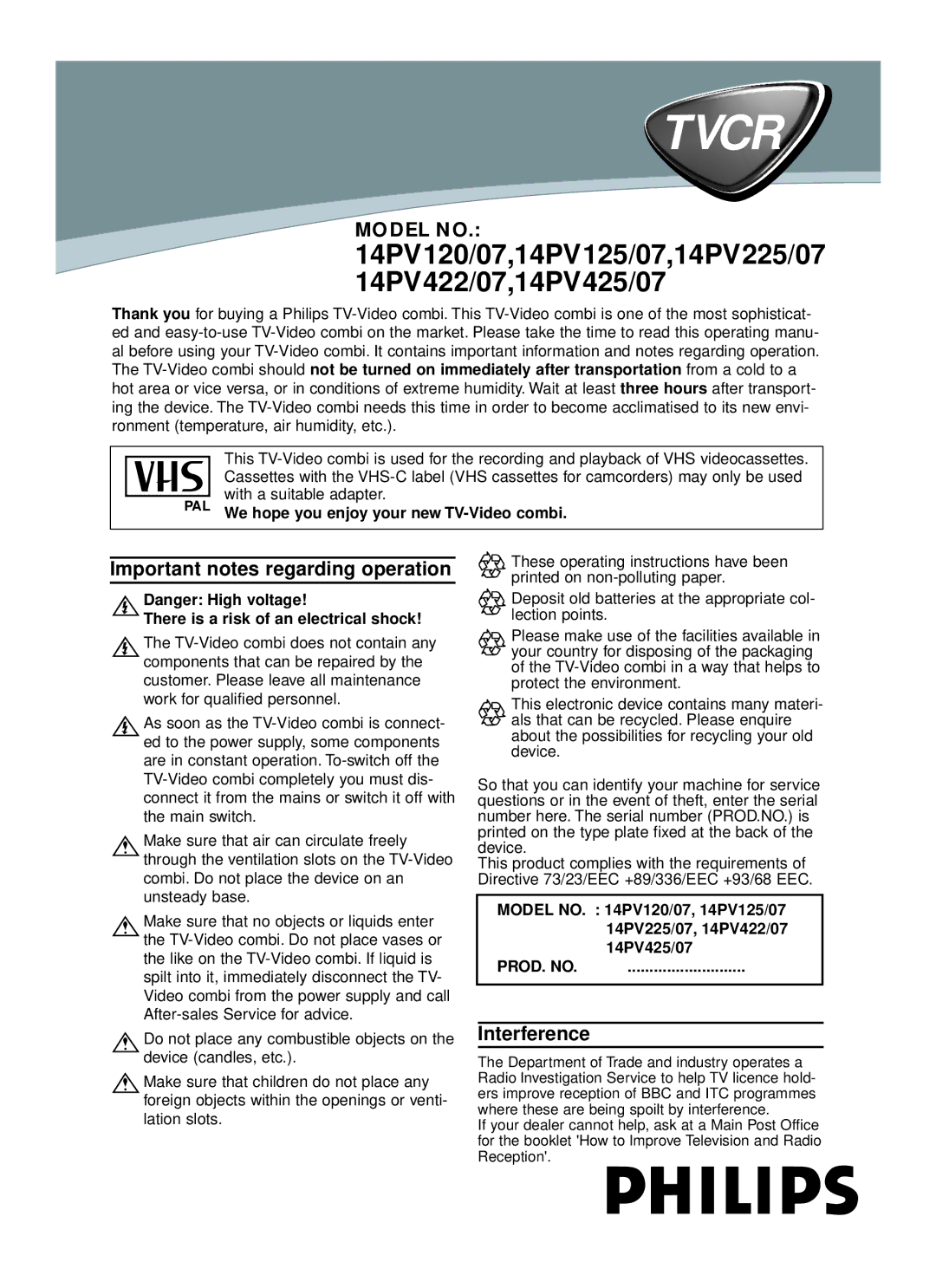 Philips 14PV425/07 operating instructions Important notes regarding operation, Interference, Model no PV120/07, 14PV125/07 