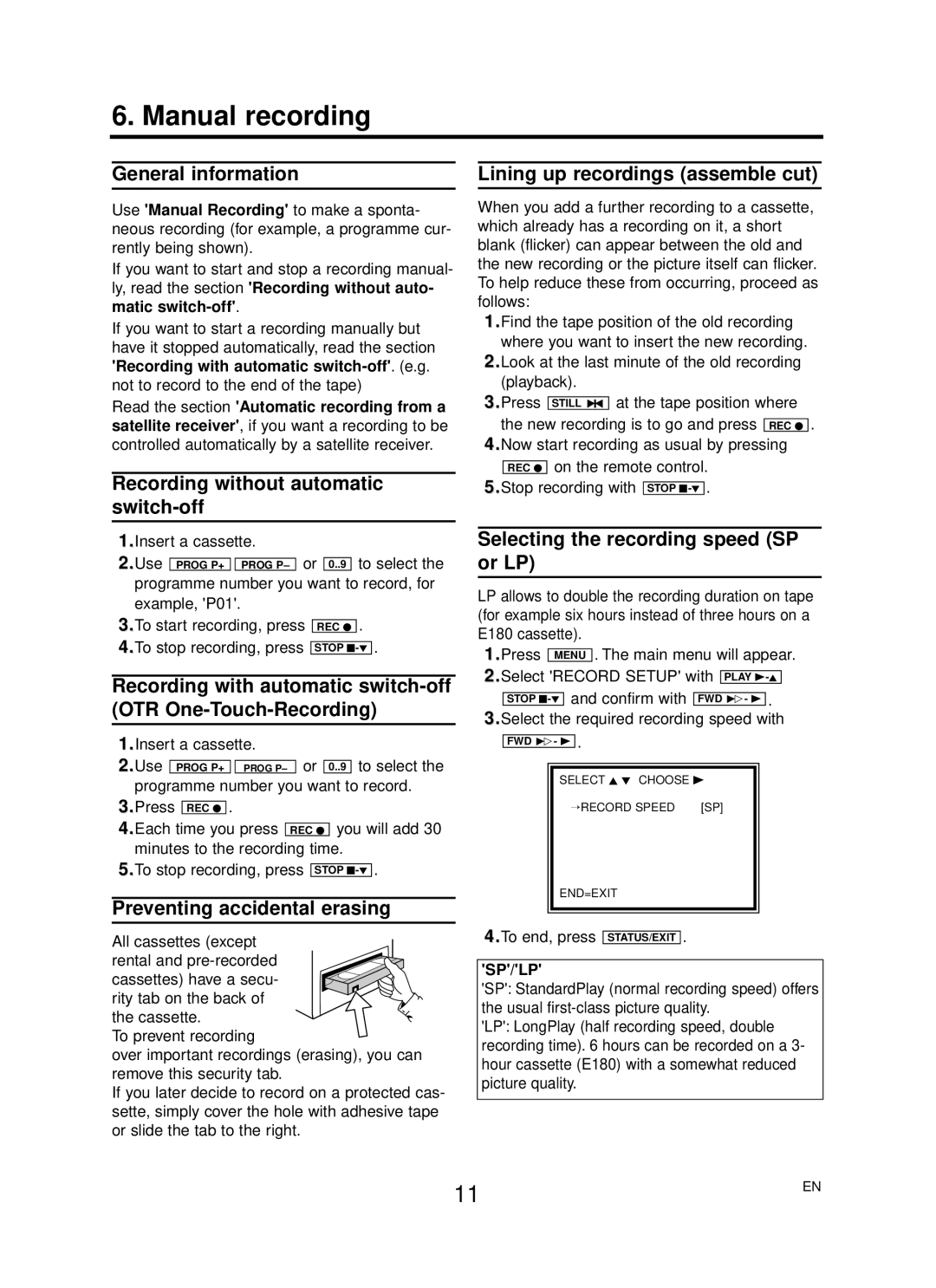 Philips 14PV125/07, 14PV225/07, 14PV425/07, 14PV422/07 operating instructions Manual recording 