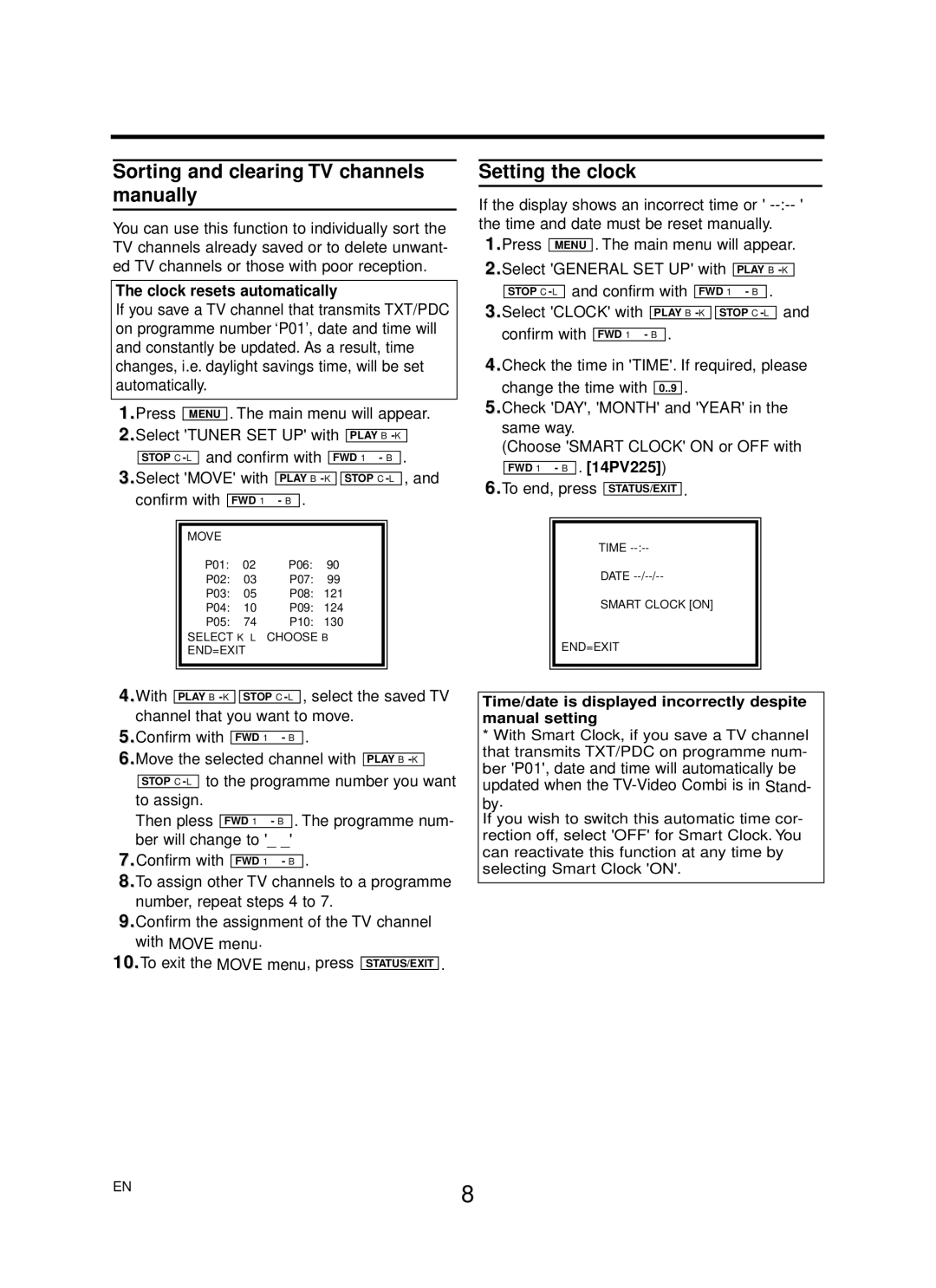 Philips 14PV225/07, 14PV425/07, 14PV422/07, 14PV125/07 Sorting and clearing TV channels manually, Setting the clock 