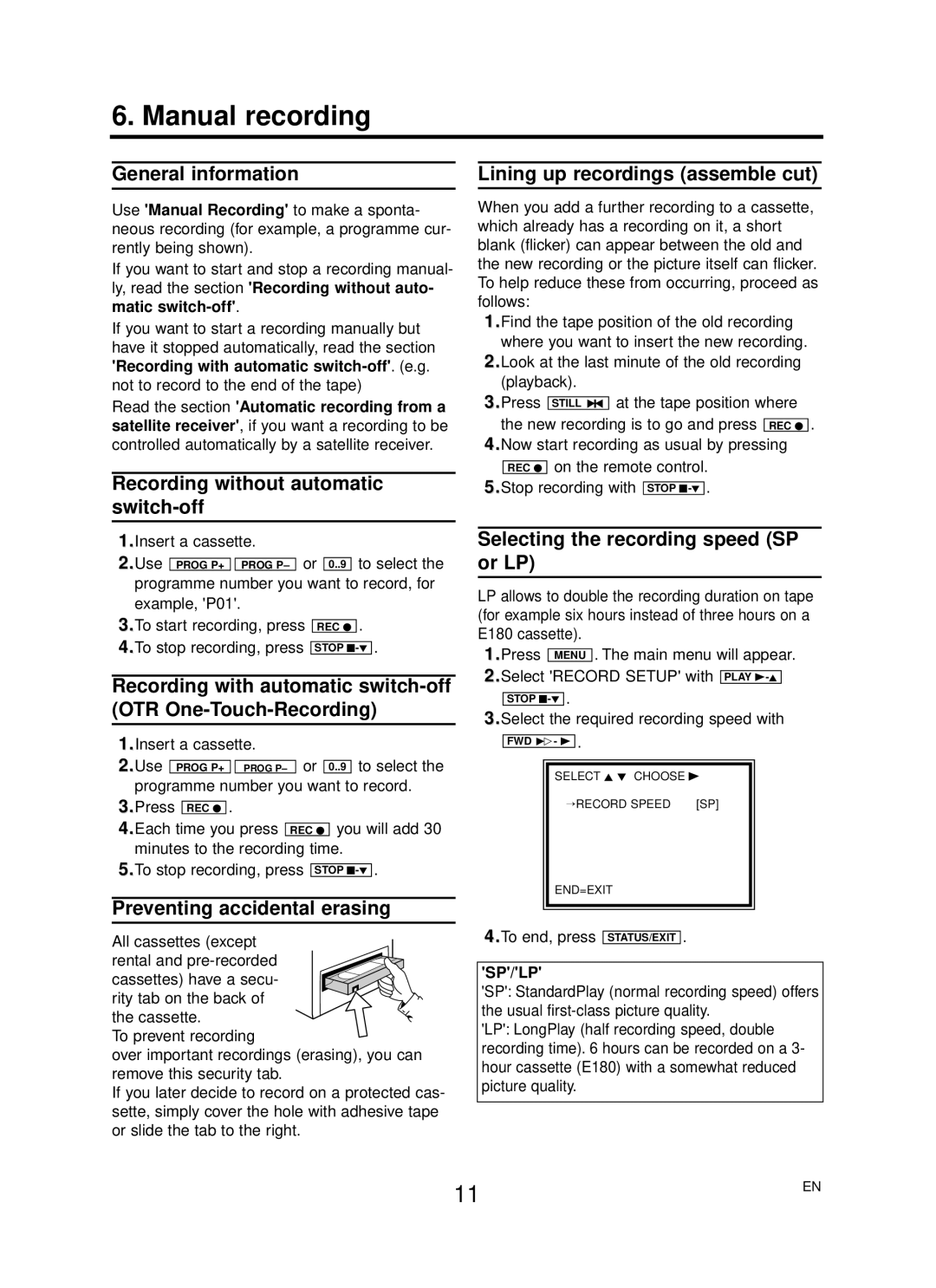 Philips 14PV125/39, 14PV225/39, 14PV422/39 operating instructions Manual recording 