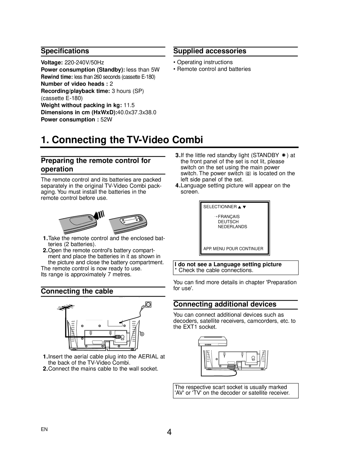 Philips 14PV422/39, 14PV225/39, 14PV125/39 operating instructions Connecting the TV-Video Combi 