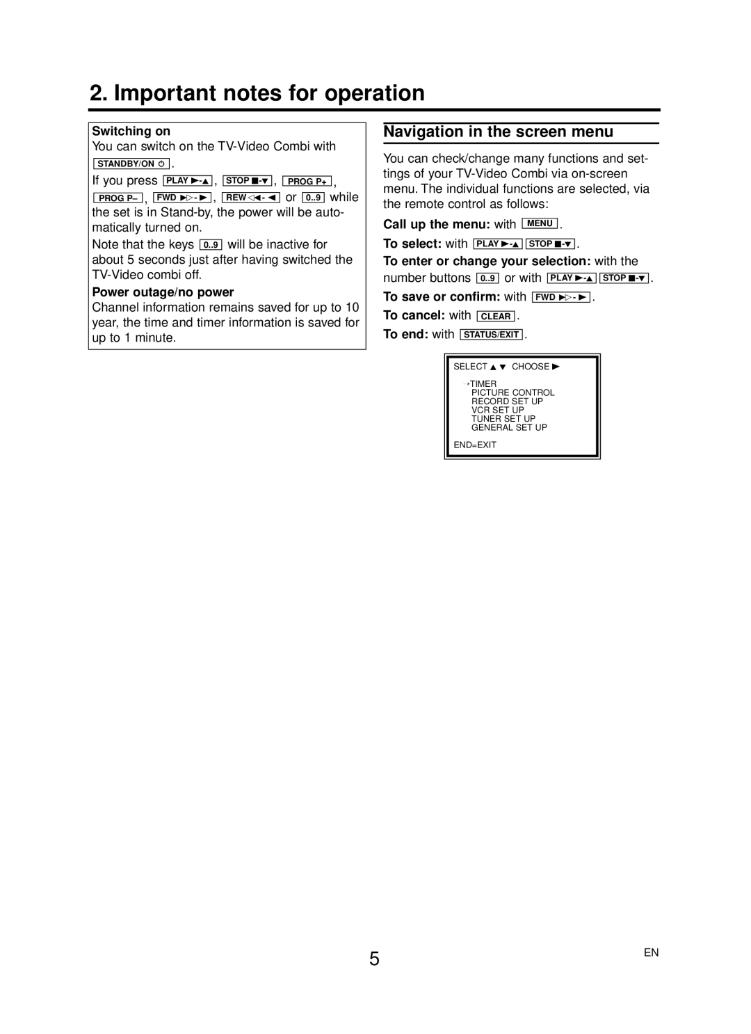 Philips 14PV125/39, 14PV225/39, 14PV422/39 Important notes for operation, Navigation in the screen menu 