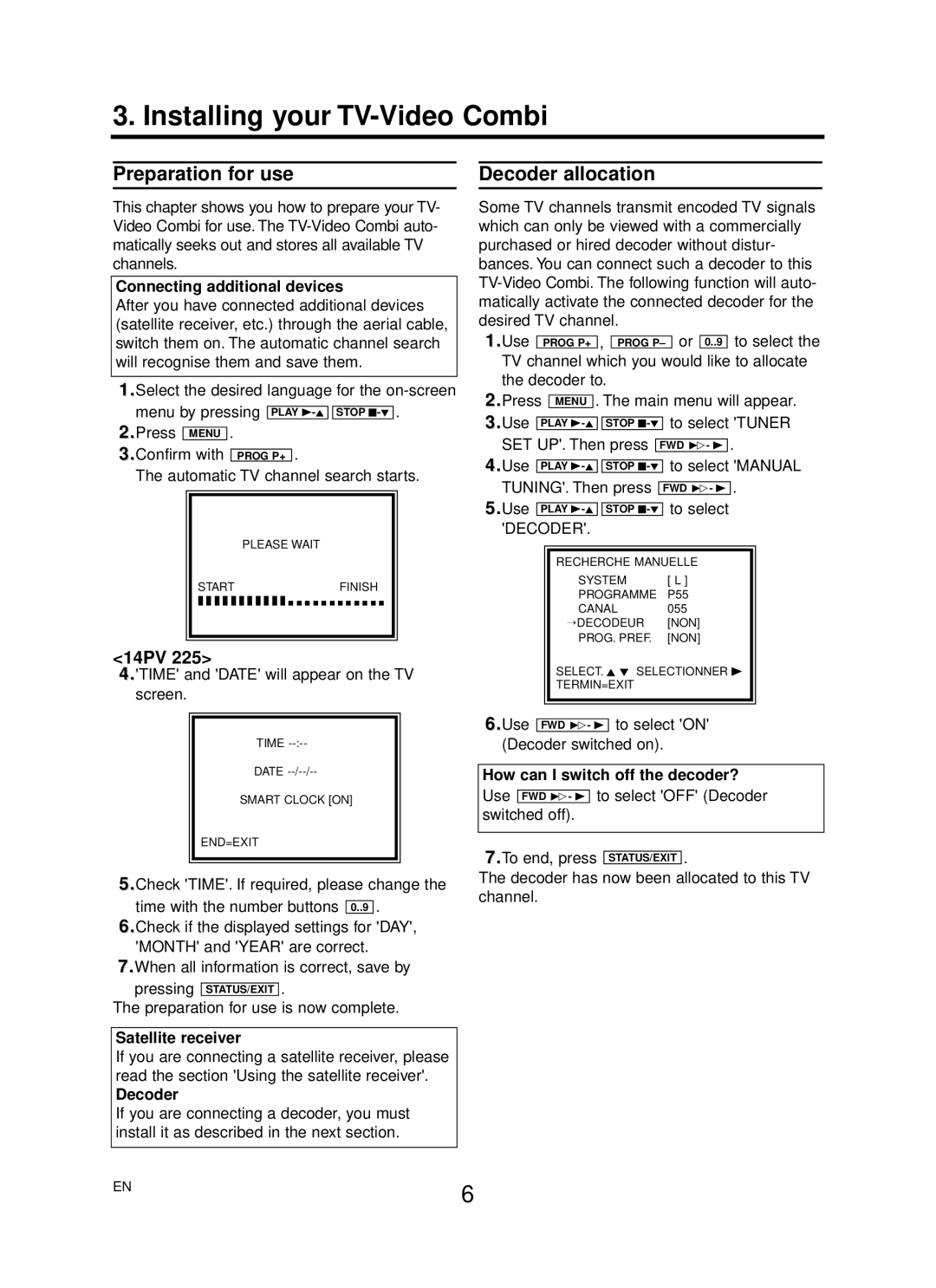 Philips 14PV225/39, 14PV422/39, 14PV125/39 Installing your TV-Video Combi, Preparation for use, Decoder allocation 