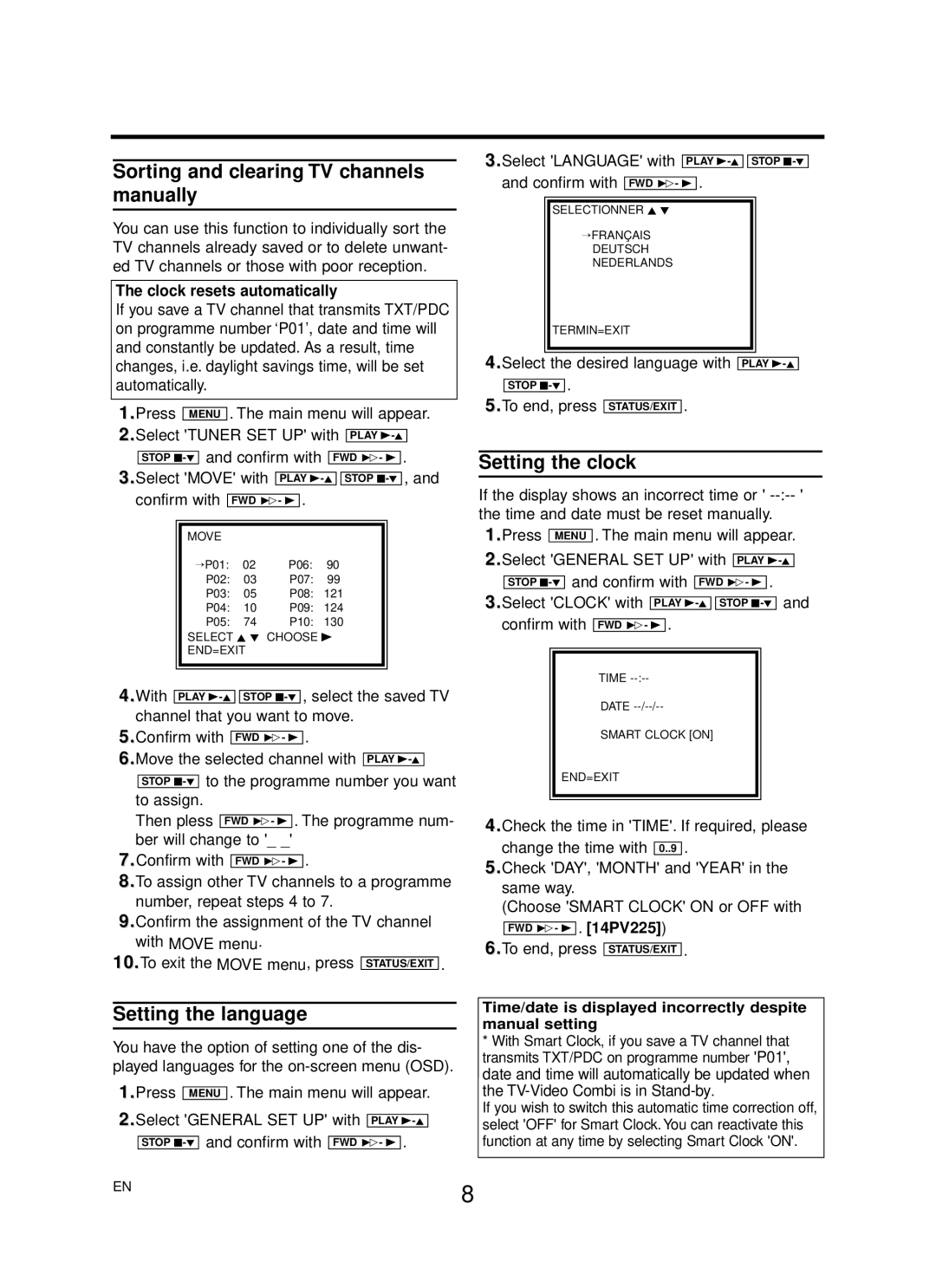 Philips 14PV125/39, 14PV225/39 Sorting and clearing TV channels manually, Setting the language, Setting the clock 