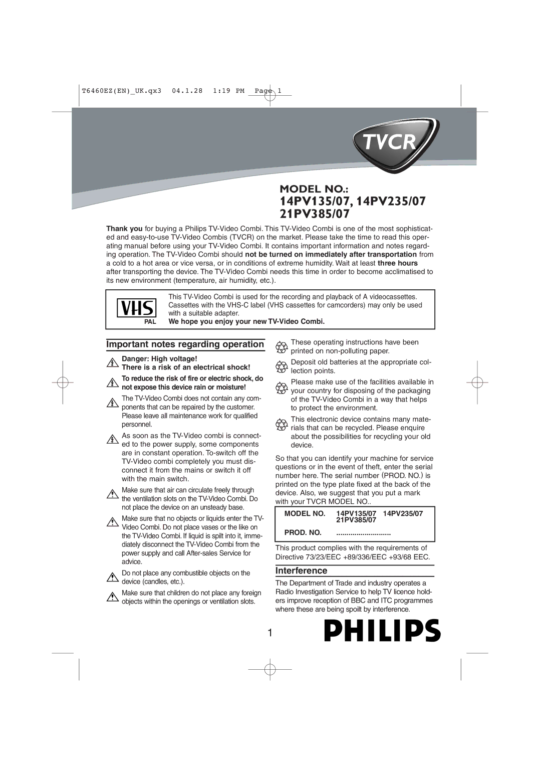 Philips 21PV385/07, 14PV235/07, 14PV135/07 operating instructions Important notes regarding operation, Interference 