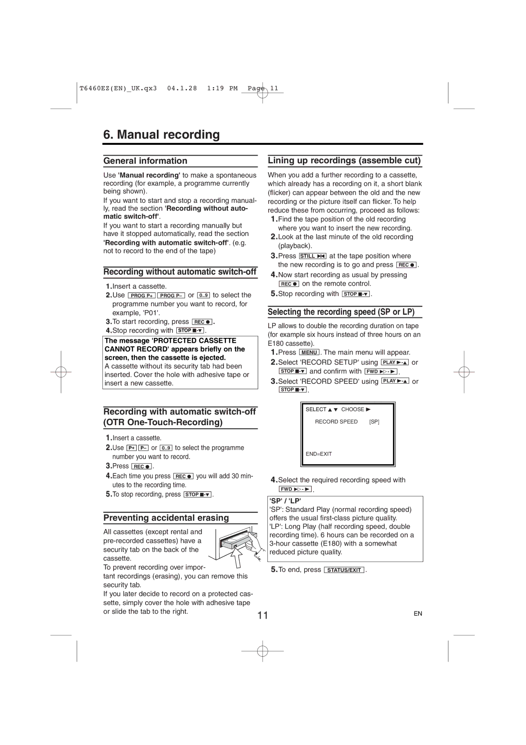 Philips 14PV135/07 Manual recording, General information Lining up recordings assemble cut, Preventing accidental erasing 