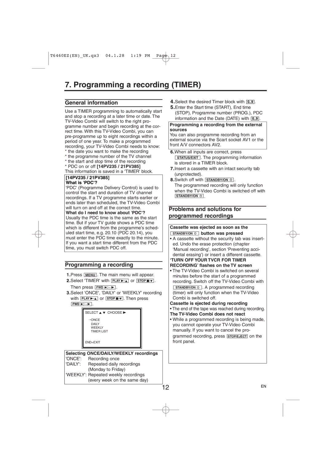 Philips 14PV235/07 Programming a recording Timer, General information, Problems and solutions for programmed recordings 