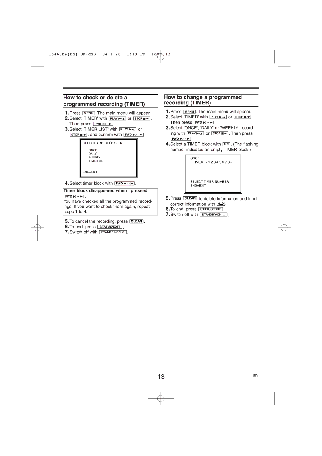 Philips 21PV385/07 How to check or delete a programmed recording Timer, How to change a programmed recording Timer 