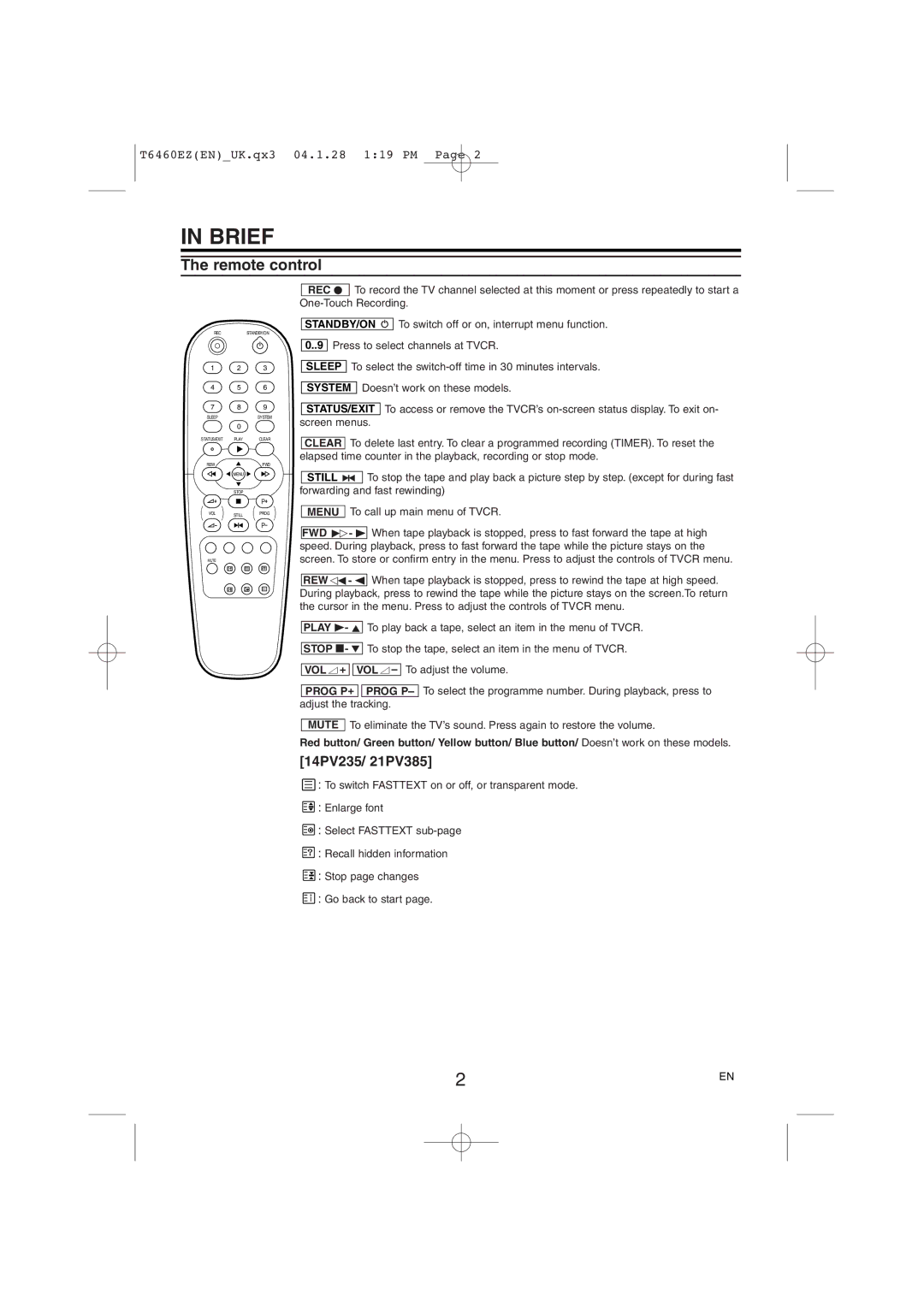 Philips 14PV135/07, 14PV235/07, 21PV385/07 operating instructions Brief, Remote control 