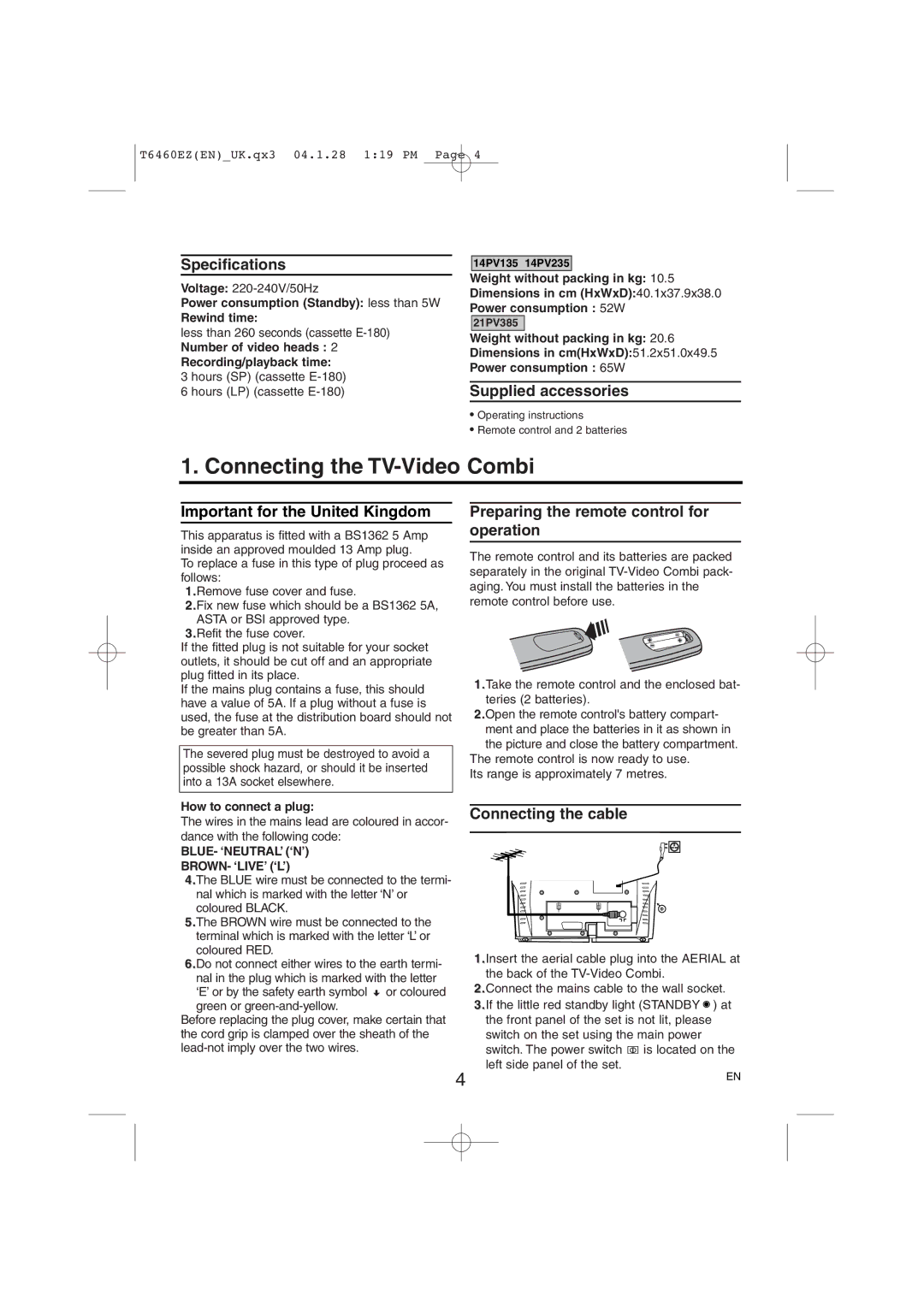 Philips 21PV385/07, 14PV235/07, 14PV135/07 operating instructions Connecting the TV-Video Combi 