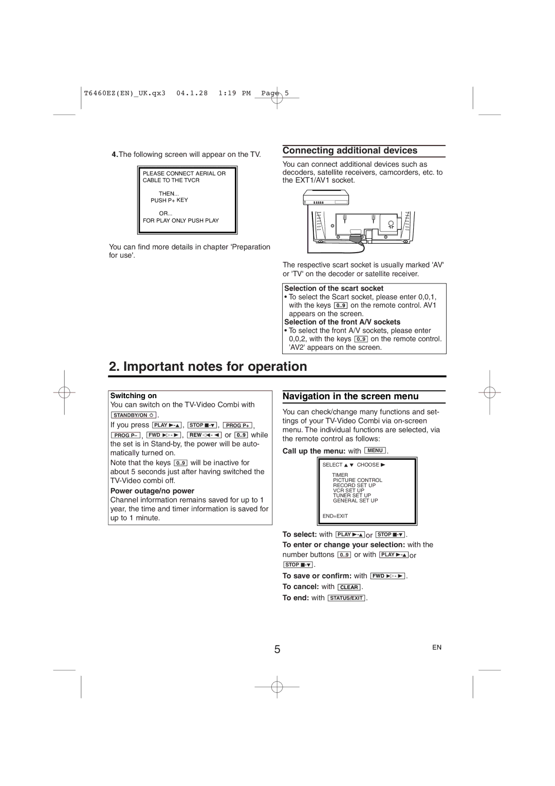 Philips 14PV135/07, 14PV235/07 Important notes for operation, Connecting additional devices, Navigation in the screen menu 