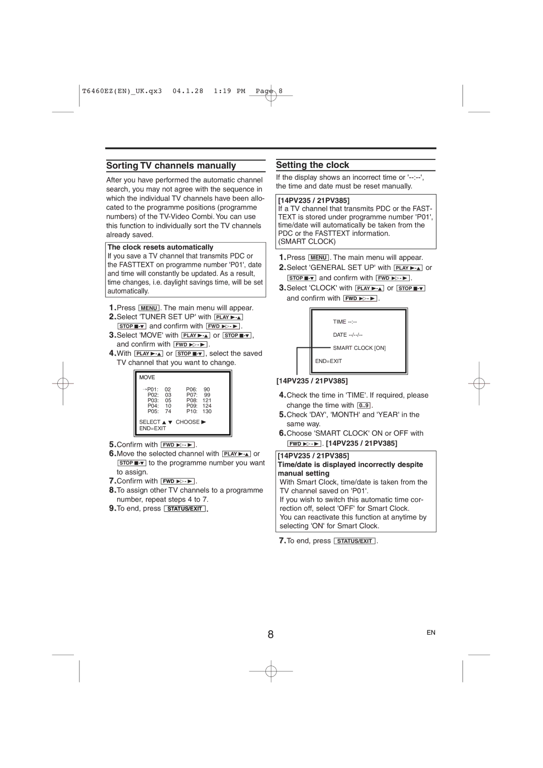 Philips 14PV135/07, 14PV235/07, 21PV385/07 Sorting TV channels manually, Setting the clock, Clock resets automatically 