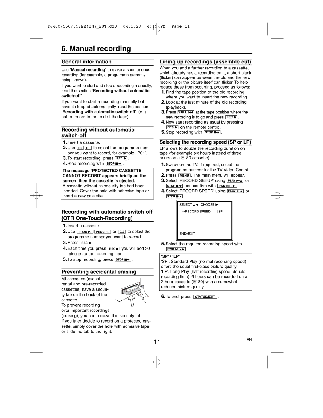 Philips 21PV358, 14PV258 operating instructions Manual recording 