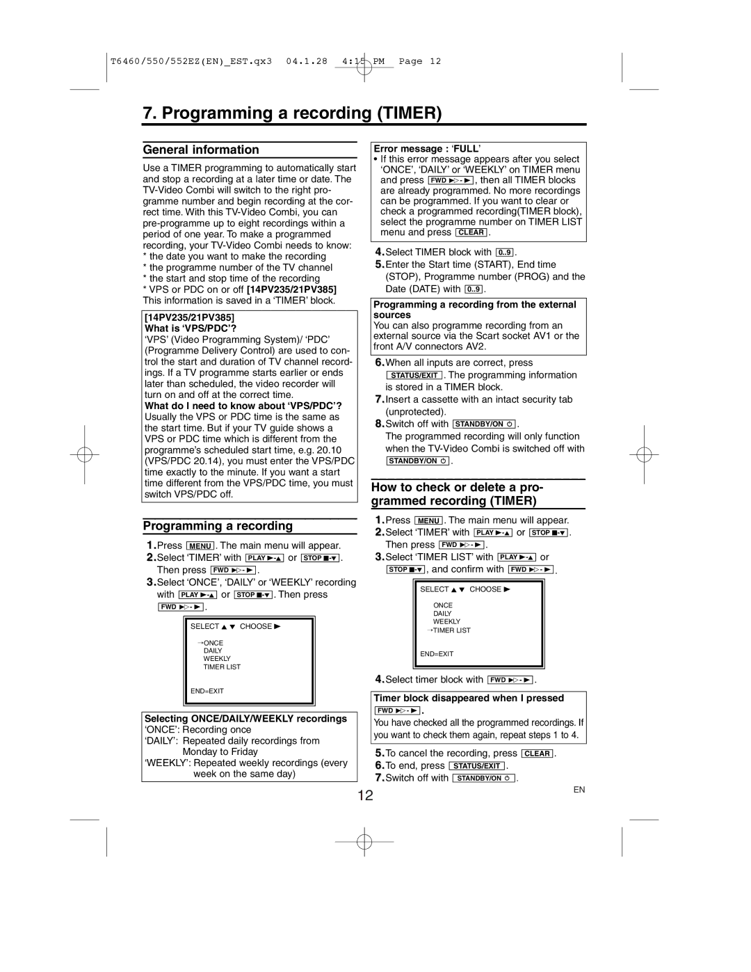 Philips 14PV258, 21PV358 Programming a recording Timer, How to check or delete a pro- grammed recording Timer 