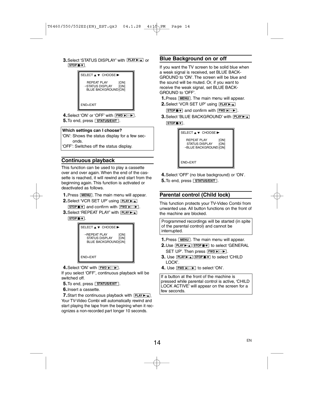 Philips 14PV258, 21PV358 operating instructions Continuous playback, Blue Background on or off, Parental control Child lock 