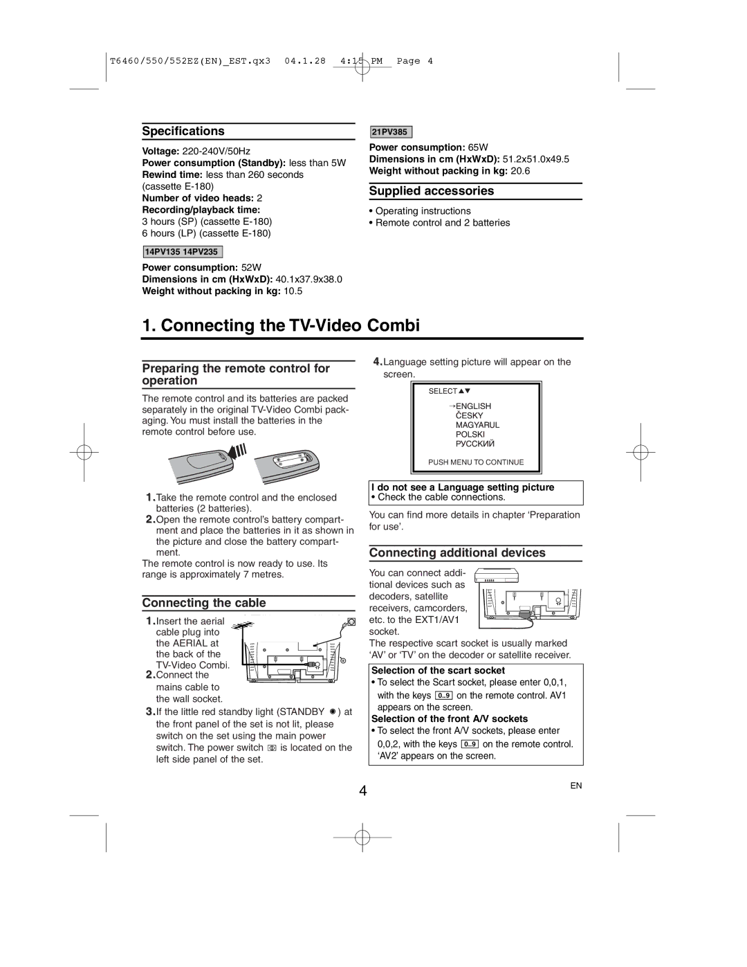 Philips 14PV258, 21PV358 operating instructions Connecting the TV-Video Combi 