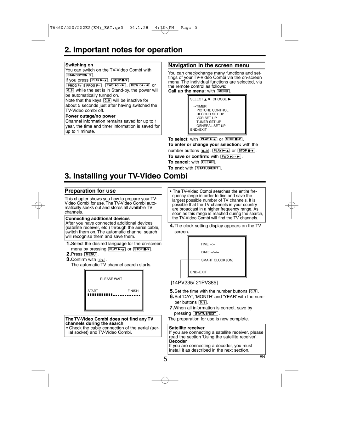 Philips 21PV358, 14PV258 Important notes for operation, Installing your TV-Video Combi, Navigation in the screen menu 