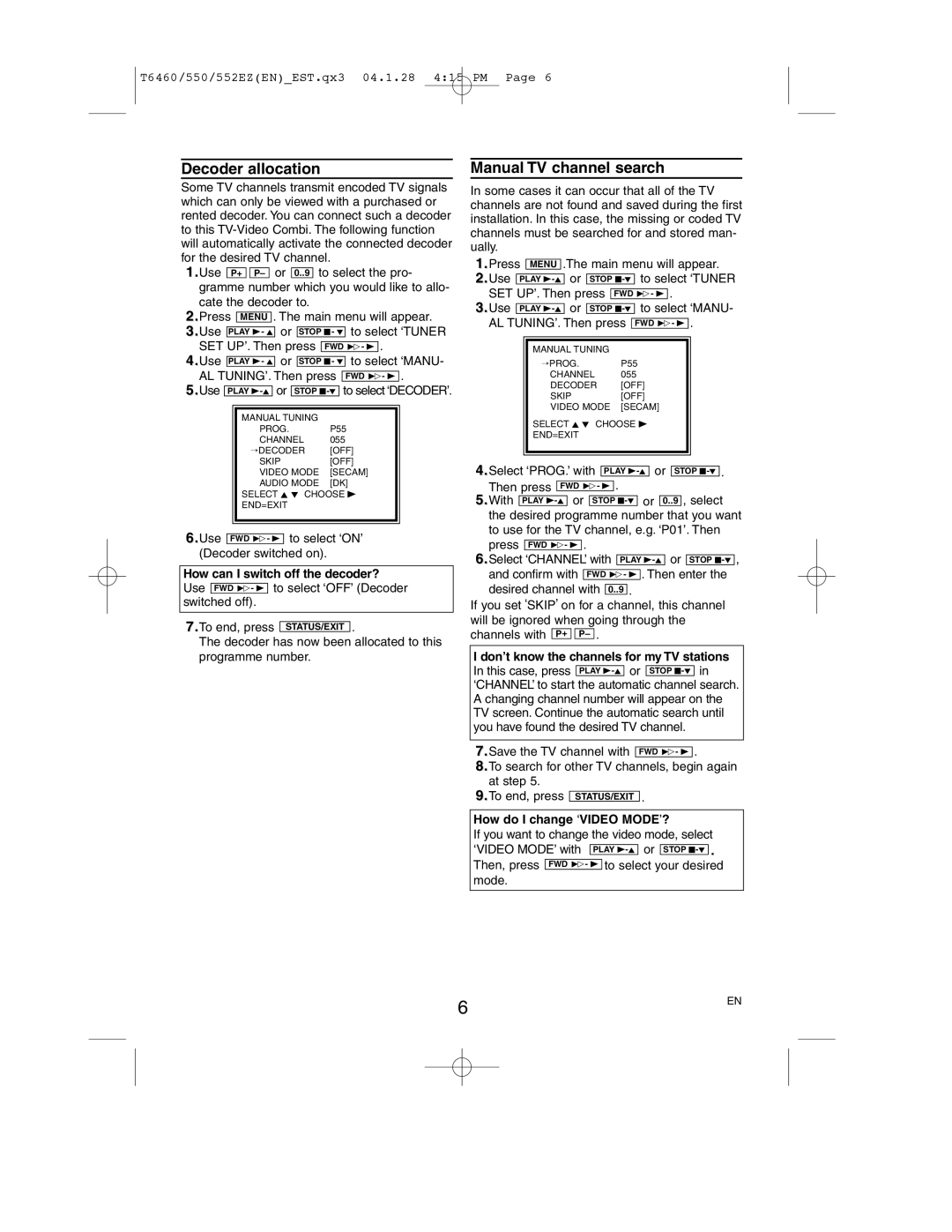 Philips 14PV258, 21PV358 operating instructions Decoder allocation, Manual TV channel search 