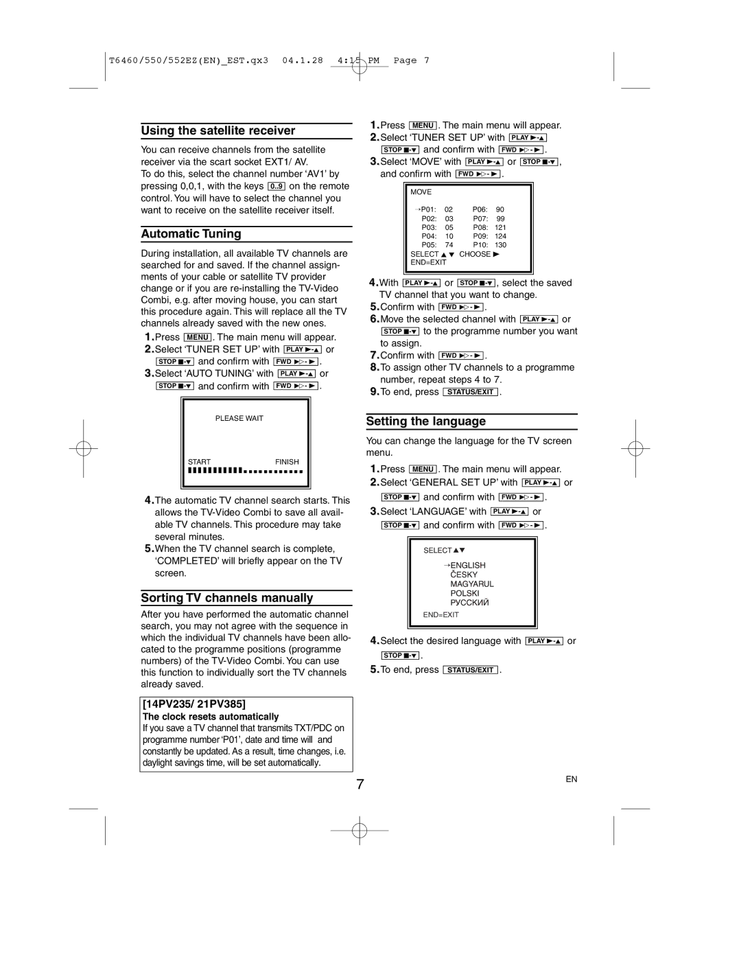 Philips 21PV358 Using the satellite receiver, Automatic Tuning, Sorting TV channels manually, Setting the language 