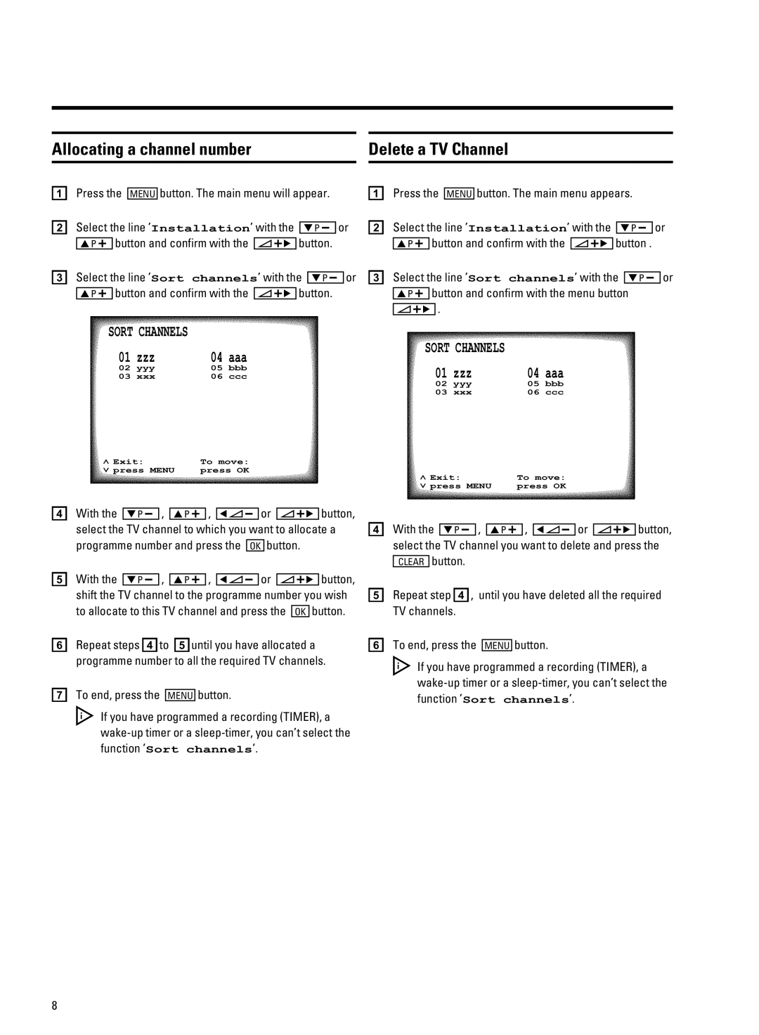 Philips 14PV330/07, 14PV334/07, 14PV335/07 manual Allocating a channel number Delete a TV Channel 