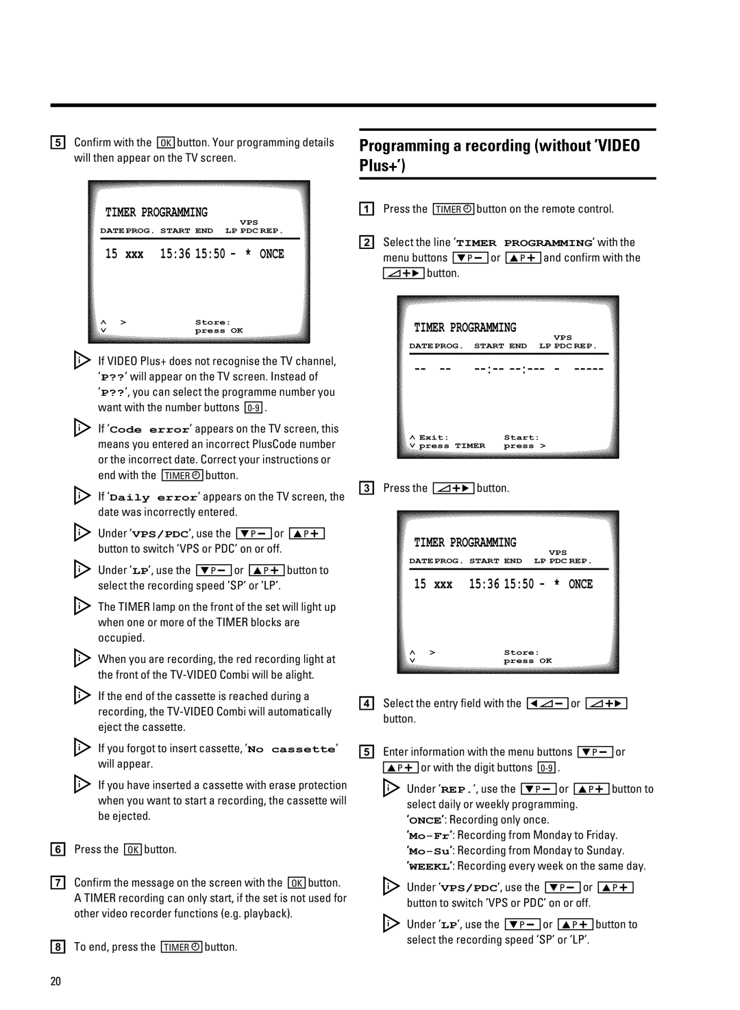 Philips 14PV330/07, 14PV334/07, 14PV335/07 manual Programming a recording without ’VIDEO Plus+’ 