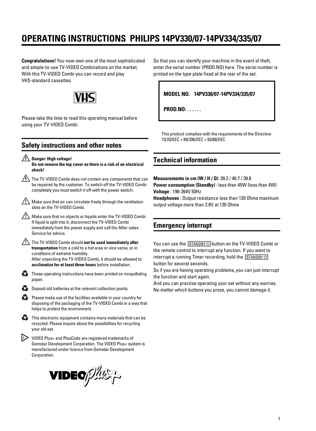 Philips 14PV334/07 manual Operating Instructions Philips 14PV330/07-14PV334/335/07, Safety instructions and other notes 