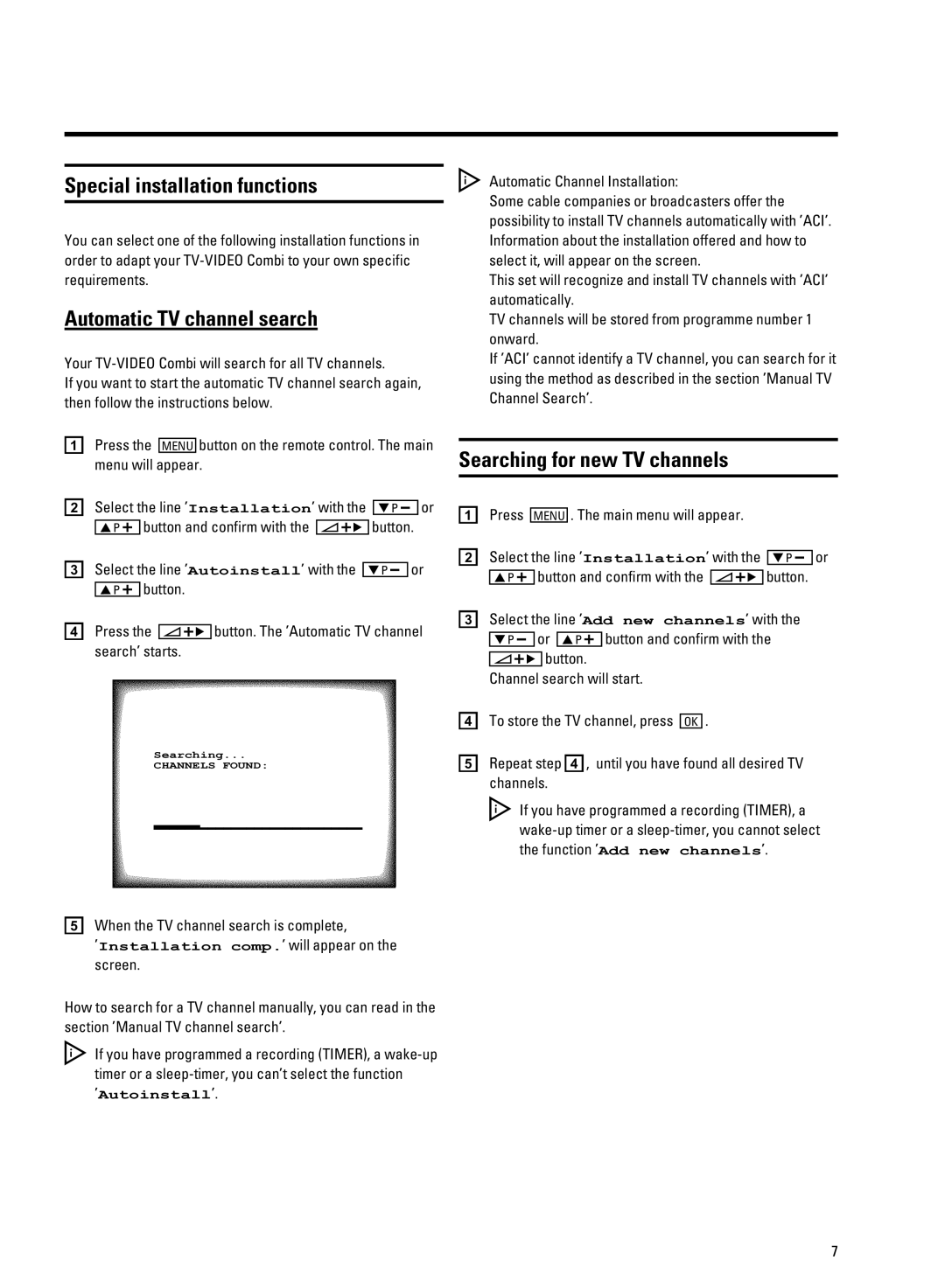 Philips 14PV334/07, 14PV330/07 Special installation functions, Automatic TV channel search, Searching for new TV channels 