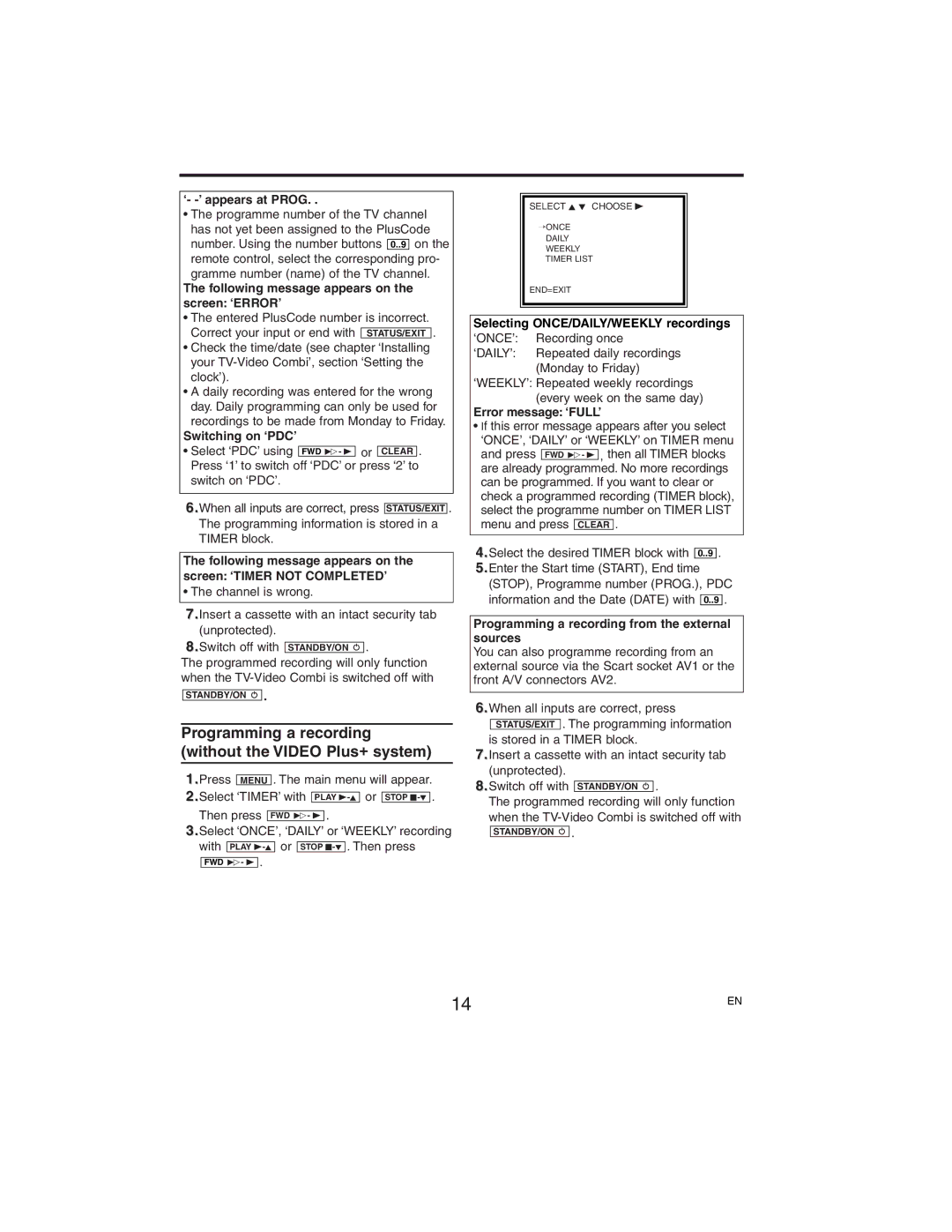 Philips 14PV385/07 manual Programming a recording without the Video Plus+ system, ‘- -’ appears at Prog, Switching on ‘PDC’ 