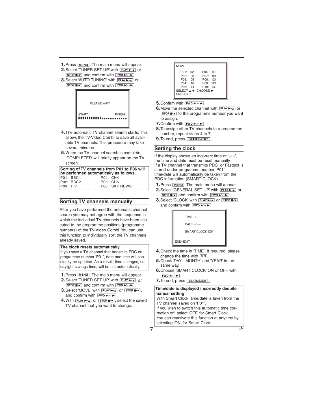 Philips 14PV385/07 Sorting TV channels manually, Setting the clock 