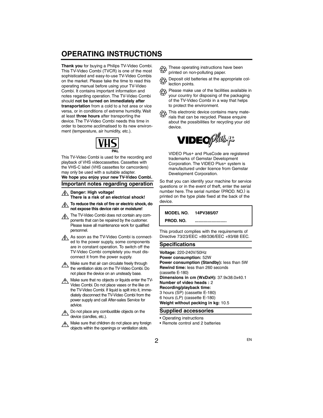 Philips 14PV385/07 manual Operating Instructions, Important notes regarding operation, Specifications, Supplied accessories 