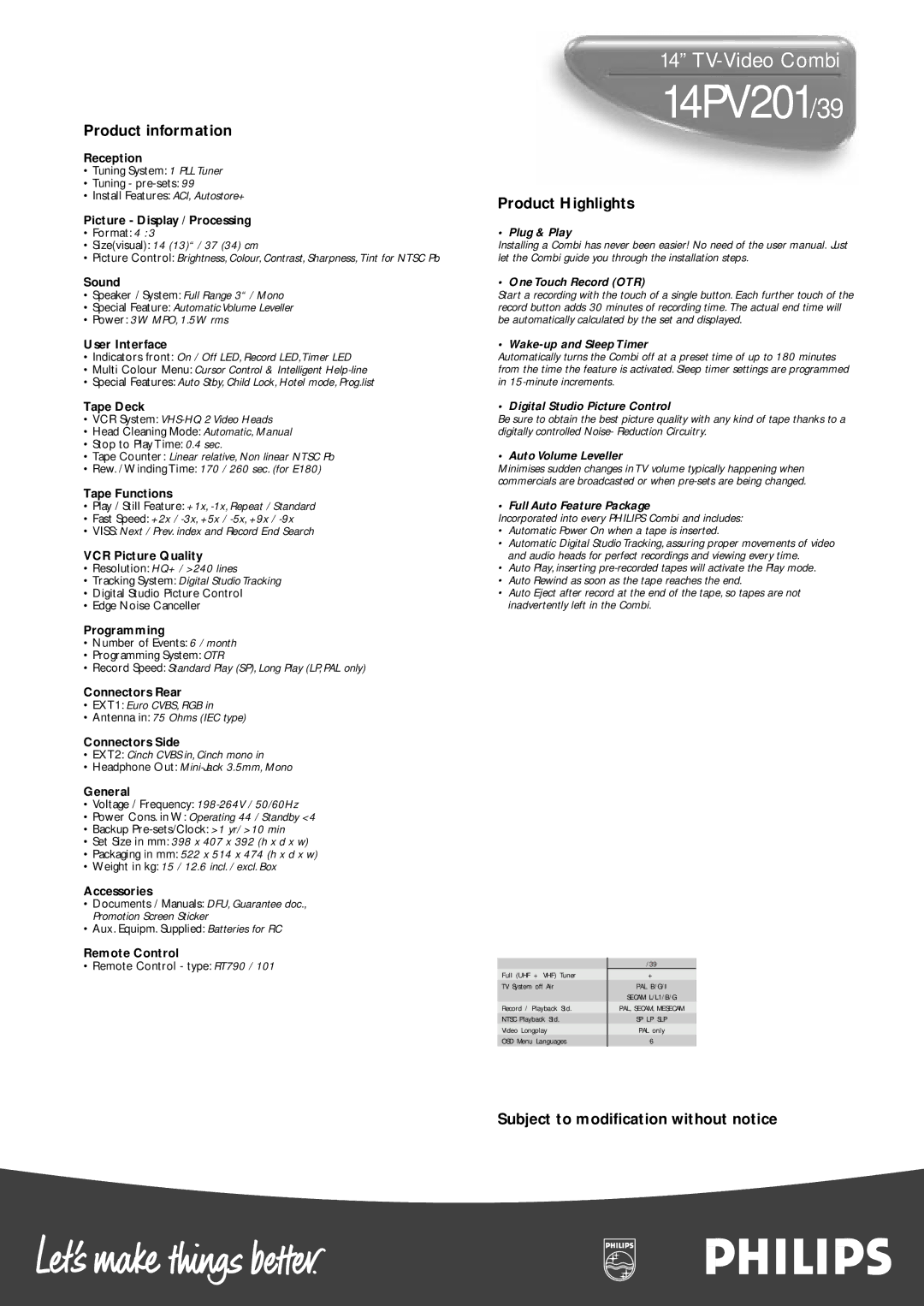 Philips 14PV39 manual Product information, Product Highlights, Subject to modiﬁcation without notice 