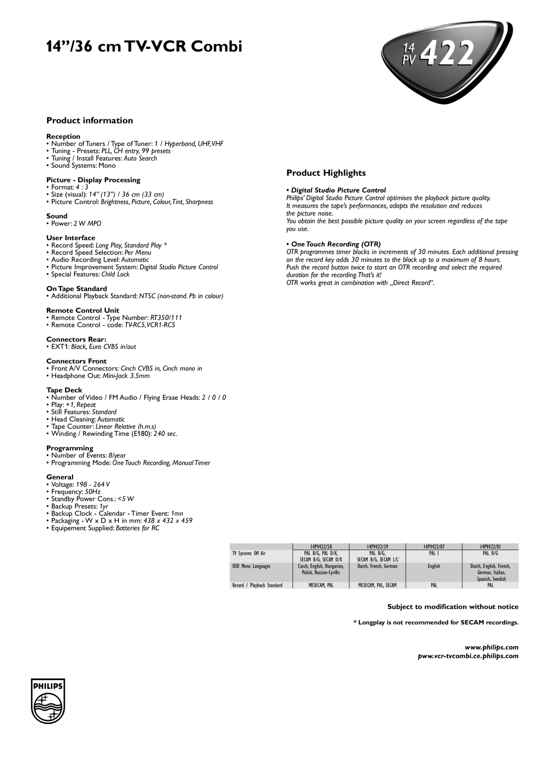 Philips 14PV422 manual Product information, Product Highlights, Digital Studio Picture Control, One Touch Recording OTR 