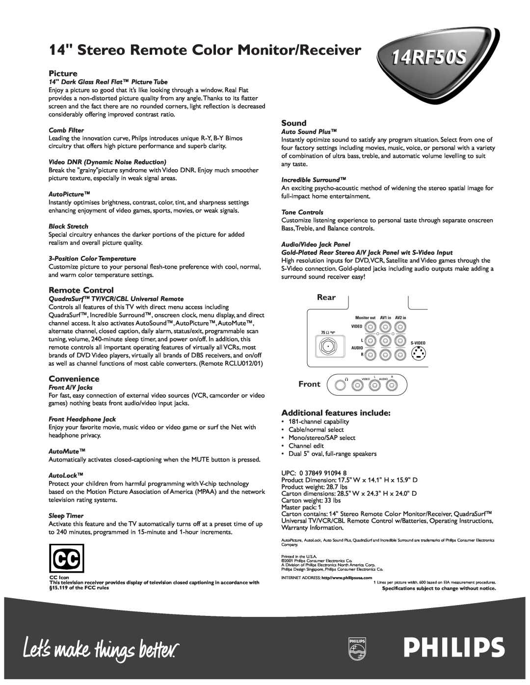 Philips 14RF50S manual Stereo Remote Color Monitor/Receiver, Picture, Sound, Remote Control, Rear, Convenience 