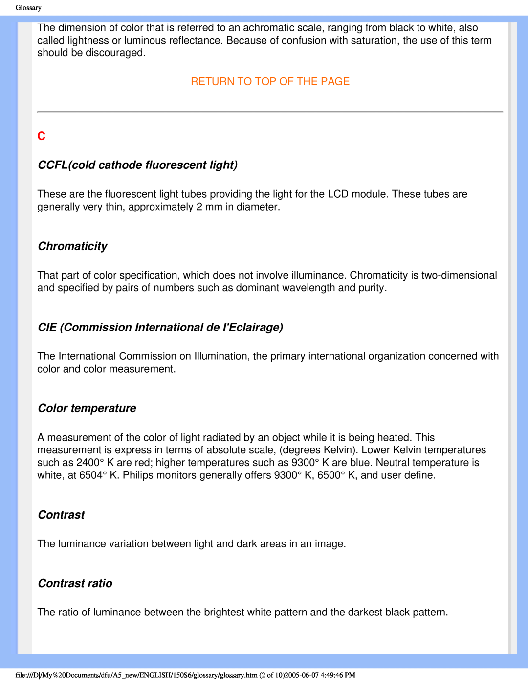 Philips 15056 CCFLcold cathode fluorescent light, Chromaticity, CIE Commission International de IEclairage, Contrast 